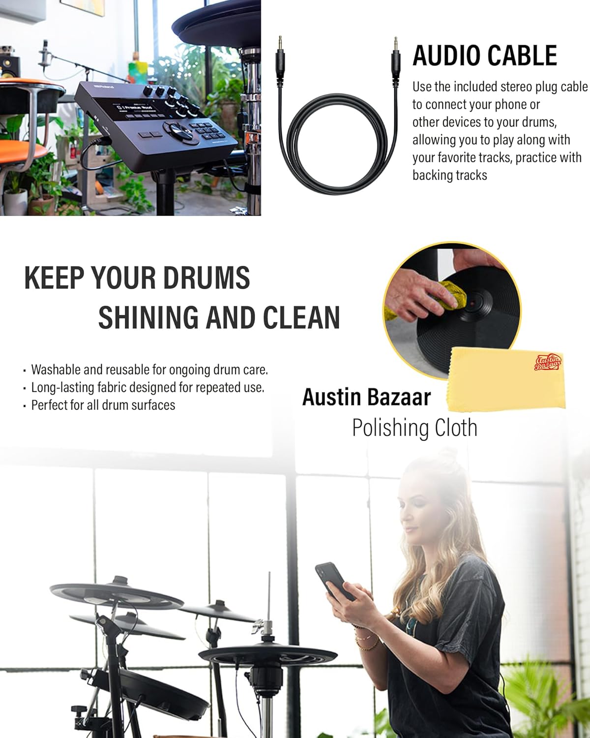 Roland V-Drums TD-07KV Electronic Drum Set Bundle with Drumstick Bag, 3.5mm Audio Cable, 3 Pairs of Drumsticks, and Austin Bazaar Polishing Cloth