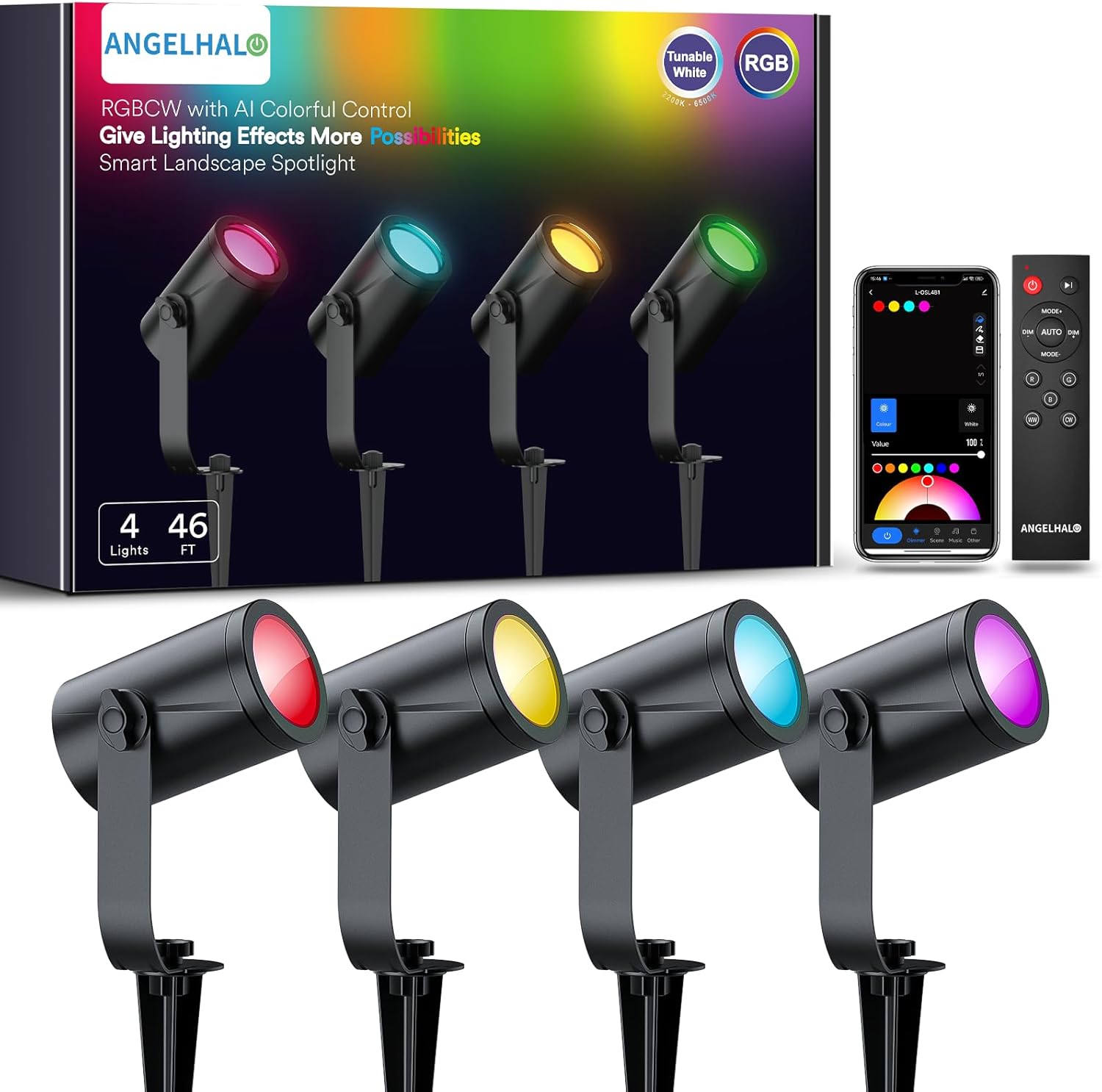 ANGELHALO Smart Landscape Spotlights, 4 Pack RGBW Pathway Lights, 2000LM Dimmable, IP65 Waterproof, Compatible with Alexa, Outdoor Decoration