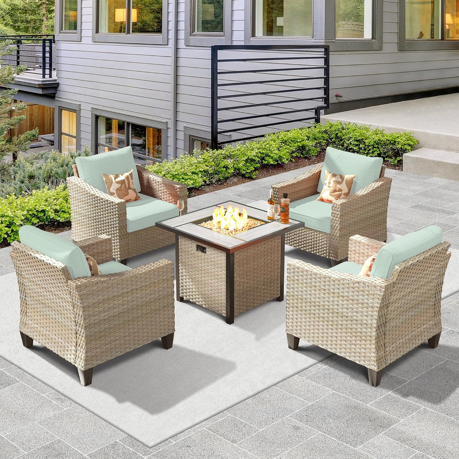 5 Pieces Patio Furniture Sets with 30inch Fire Pit Table All Weather PE Wicker Outdoor Furniture Set with Sectional Sofa for Yard,Garden,Lawn(Green)