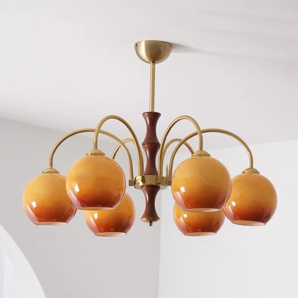 3-Arm Milk Glass Chandelier Ceiling Light Orange Mid Century Semi Flush Mount Wood Farmhouse Hanging Pendant for Bedroom Living Room Dining Kitchen Island