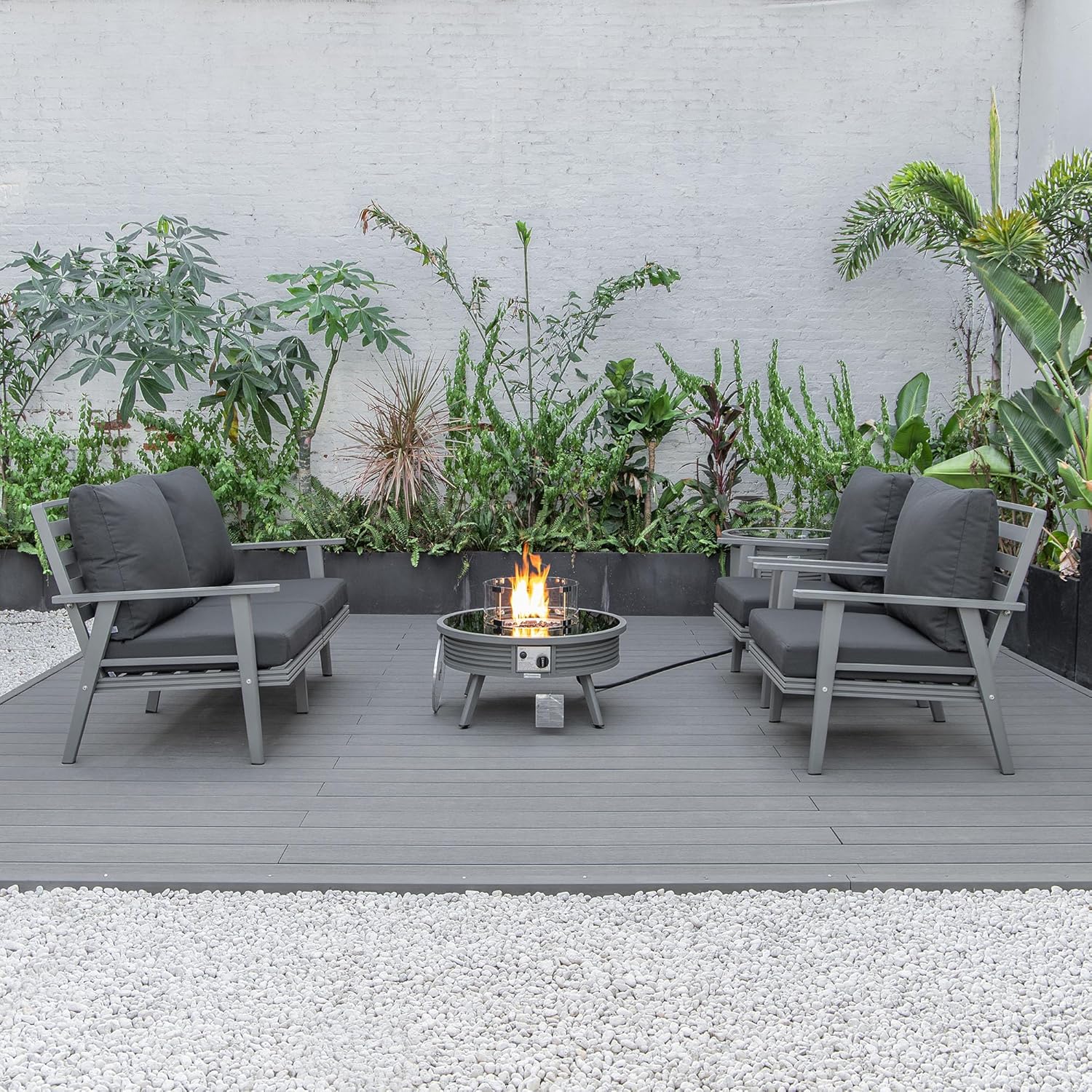 LeisureMod Walbrooke Modern Aluminum 5-Piece Patio Conversation Set with Outdoor Round Fire Pit Slats Design & Side Table Tank Holder, Charcoal