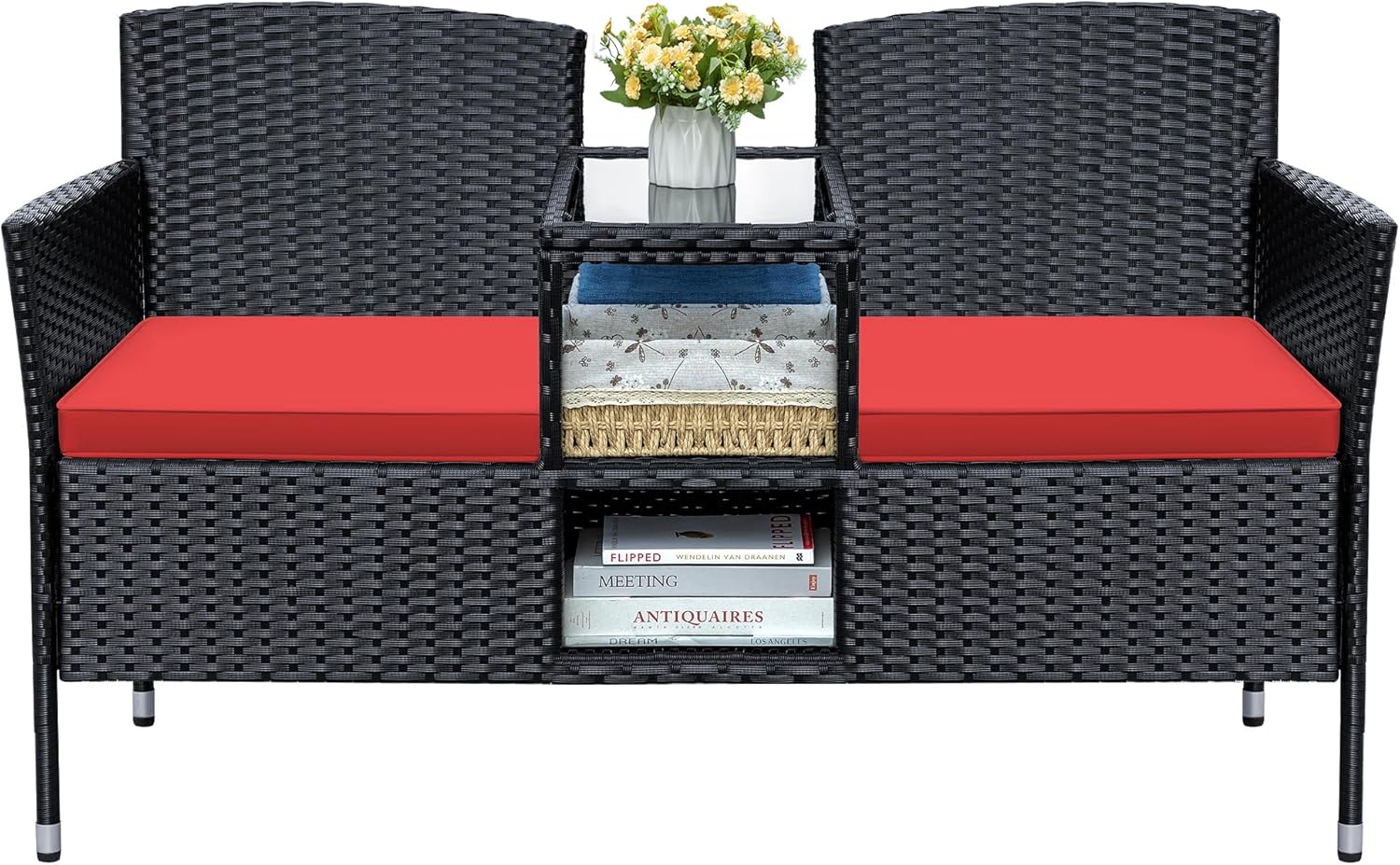 Greesum Patio Loveseat Outdoor Wicker Furniture Conversation Set with Soft Cushions & Built-in Coffee Table for Lawn Garden Backyard, Red