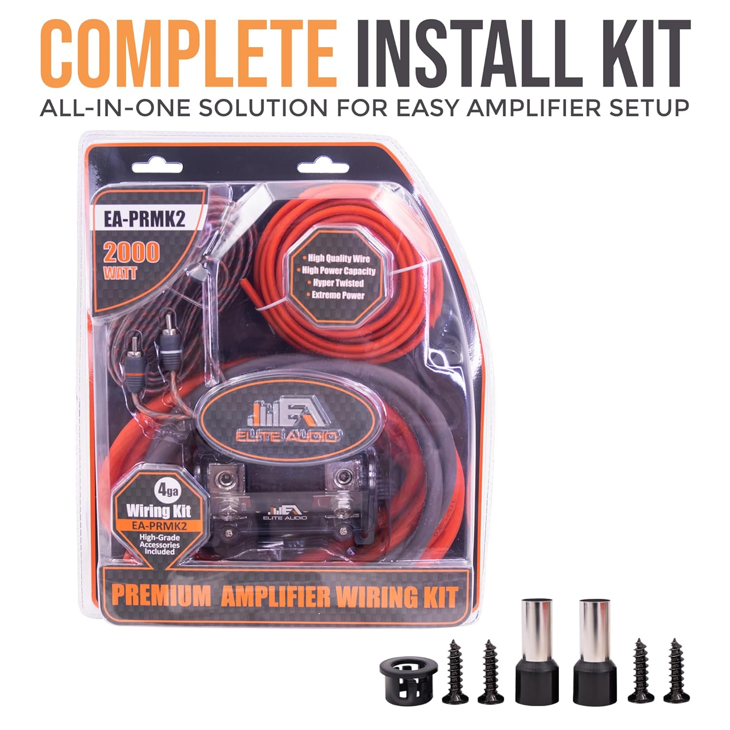 Elite Audio Premium Series Amp Kit Copper Clad Aluminum Wire, Triple-Shielded RCA Cables, High-Power Capacity, ANL Fuse Holder, Car Amplifier Install Kit (4 Gauge (Full Size ANL))