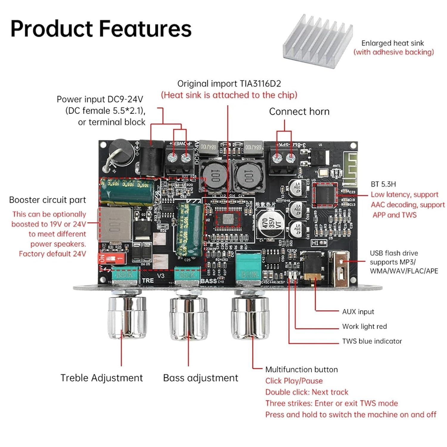 ZK-1001U Mono 100W TPA3116D2 5.3 Audio Amplifier Module Digital Sound Power Amplifier AMP Module Home Theater AUX
