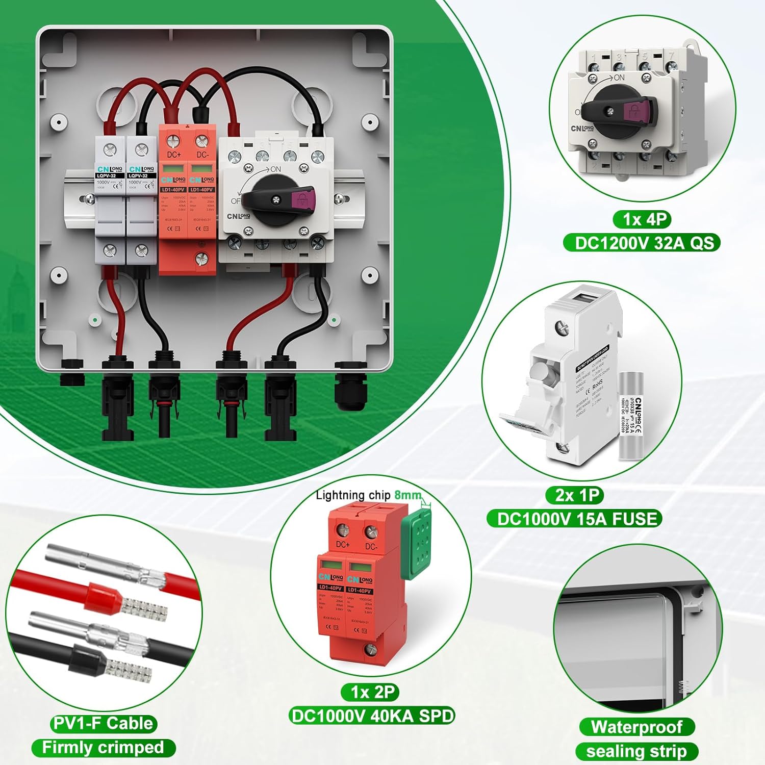 IP65 Solar PV Combiner Box DC1000V 32A Circuit Breaker with 10pcs Fuse Link 20A & Surge Protector and 15A PV Fuses, 1in 1out Disconnect Switch Outdoor Waterproof for Solar Panels System