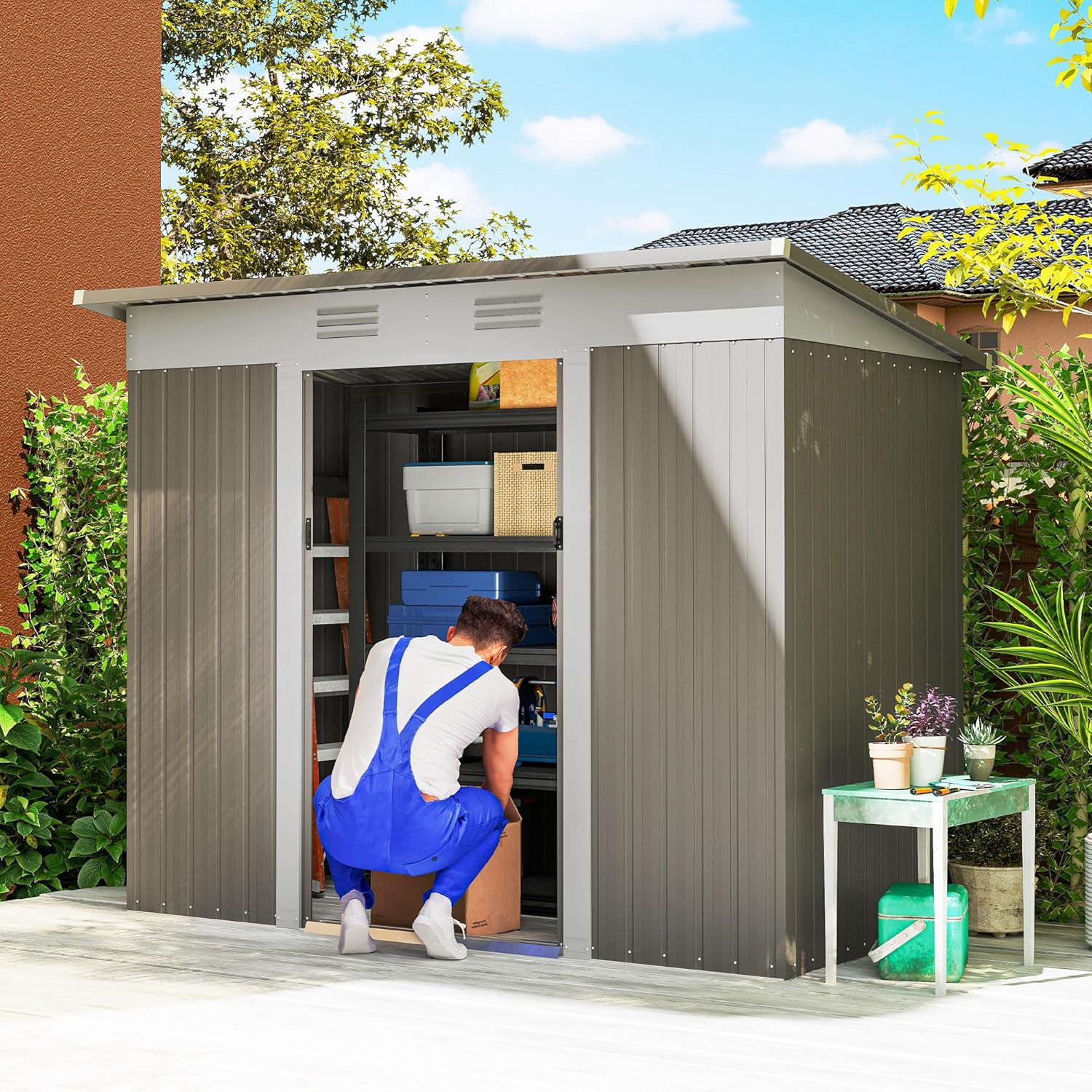 Outsunny 8' x 4' Metal Lean to Garden Shed, Outdoor Storage Shed, Garden Tool House with Double Sliding Doors, 2 Air Vents for Backyard, Patio, Lawn, Gray