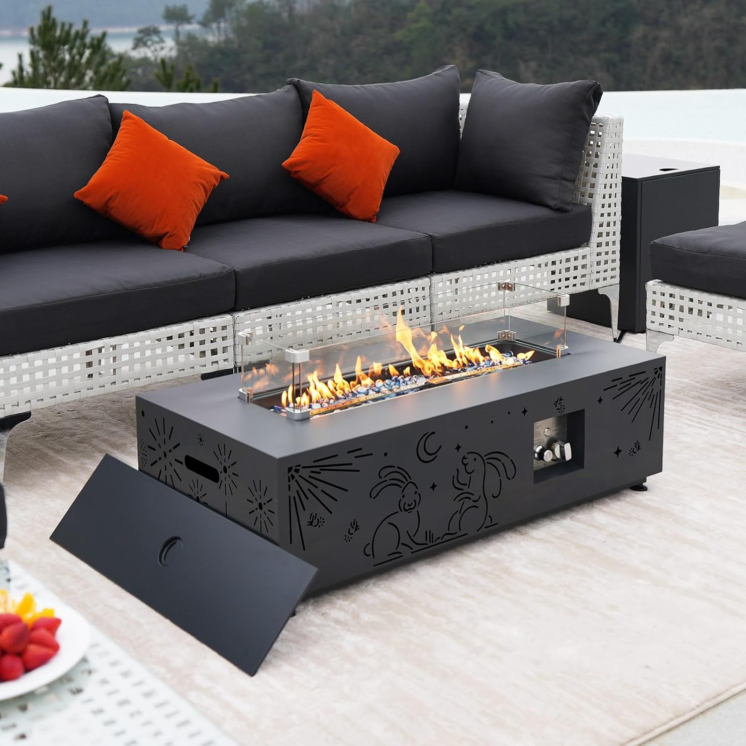 Propane Fire Pit Table for Outside Patio with Gas Tank Table, Contemporary Outdoor Firepit with Glass Rocks, Wind Guard and Cover, 42'' Fireplace All Weather Resistant, Dark Grey