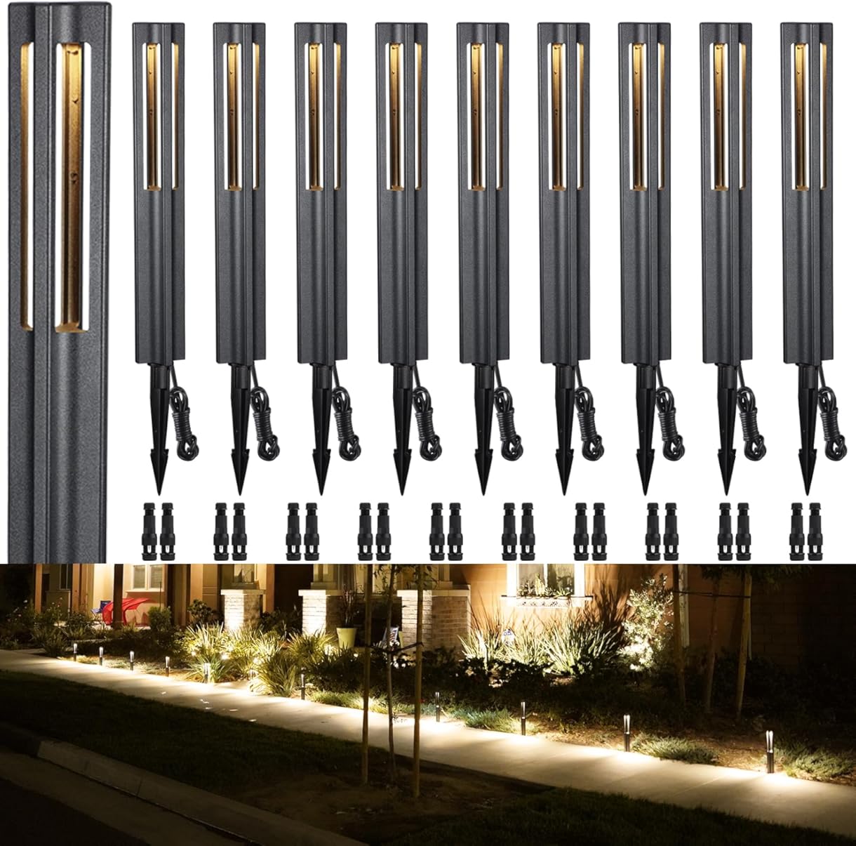 LEONLITE 10-Pack Low Voltage Landscape Pathway Lights, LED Bollard Path Lights, 3W Outdoor Landscape Lighting for Driveway, Garden, Aluminum, 12-15V AC/DC, IP65 Waterproof, 3000K Warm White, Black
