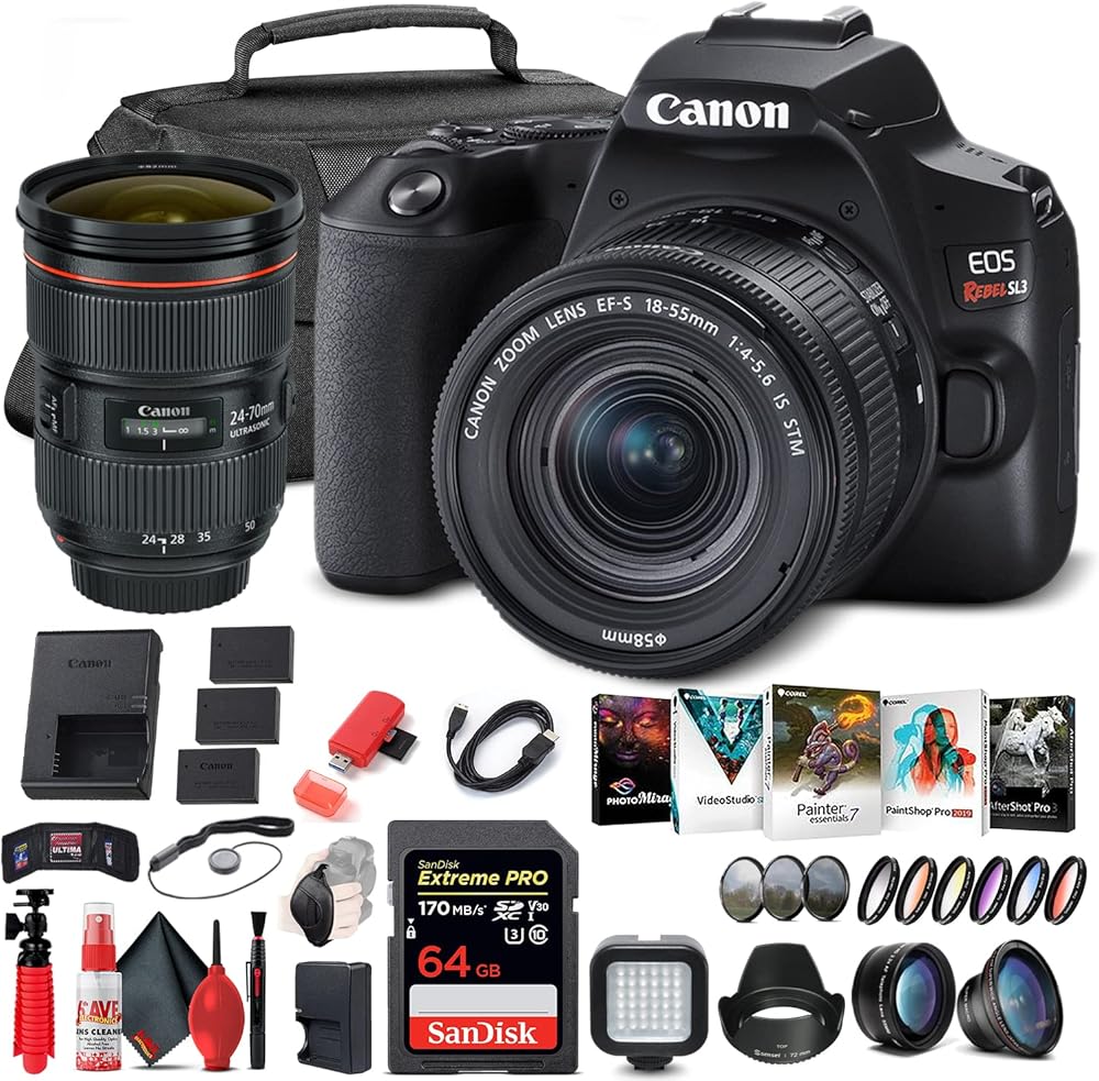Canon EOS Rebel SL3 DSLR Camera with 18-55mm Lens (Black) (3453C002) + Canon EF 24-70mm Lens + 64GB Memory Card + Color Filter Kit + Case + Filter Kit + Corel Photo Software + More (Renewed)