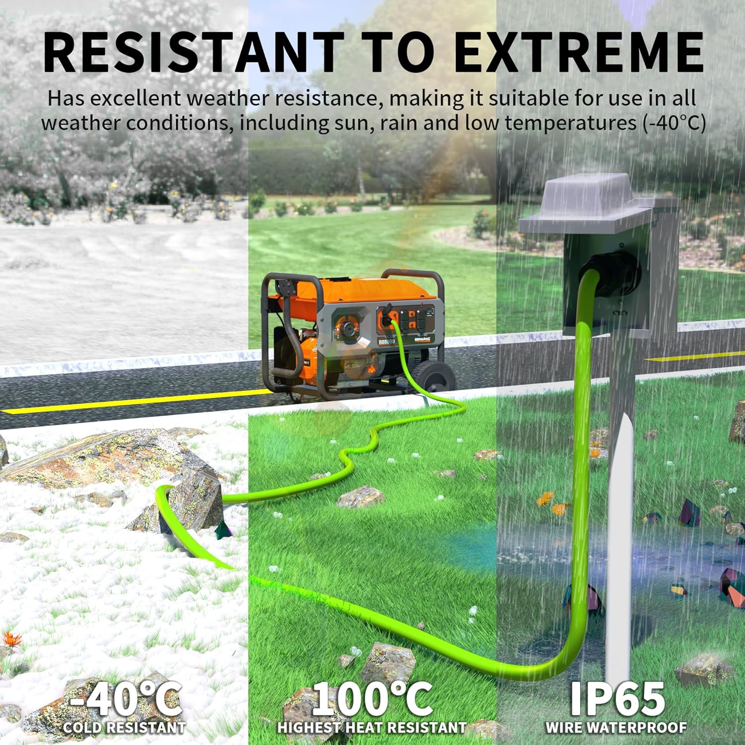 POWGRN 50Feet 30 Amp Generator Extension Cord 4 Prong,Heavy Duty NEMA L14-30P/L14-30R,125/250V 7500W,Green 10 Gauge STW Twist Locking Generator to House Power Cords with Cord Organizer,ETL Listed