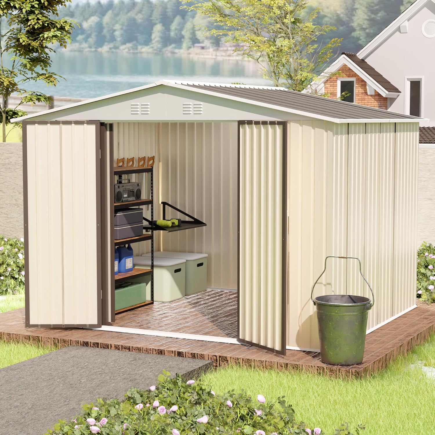10x8 FT Outdoor Storage Shed, Metal Tool Bike Storage Shed with Lockable Door and Vents, All-Weather Waterproof Heavy-Duty Metal Garden Sheds for Backyard, Patio, Lawn, Cream White