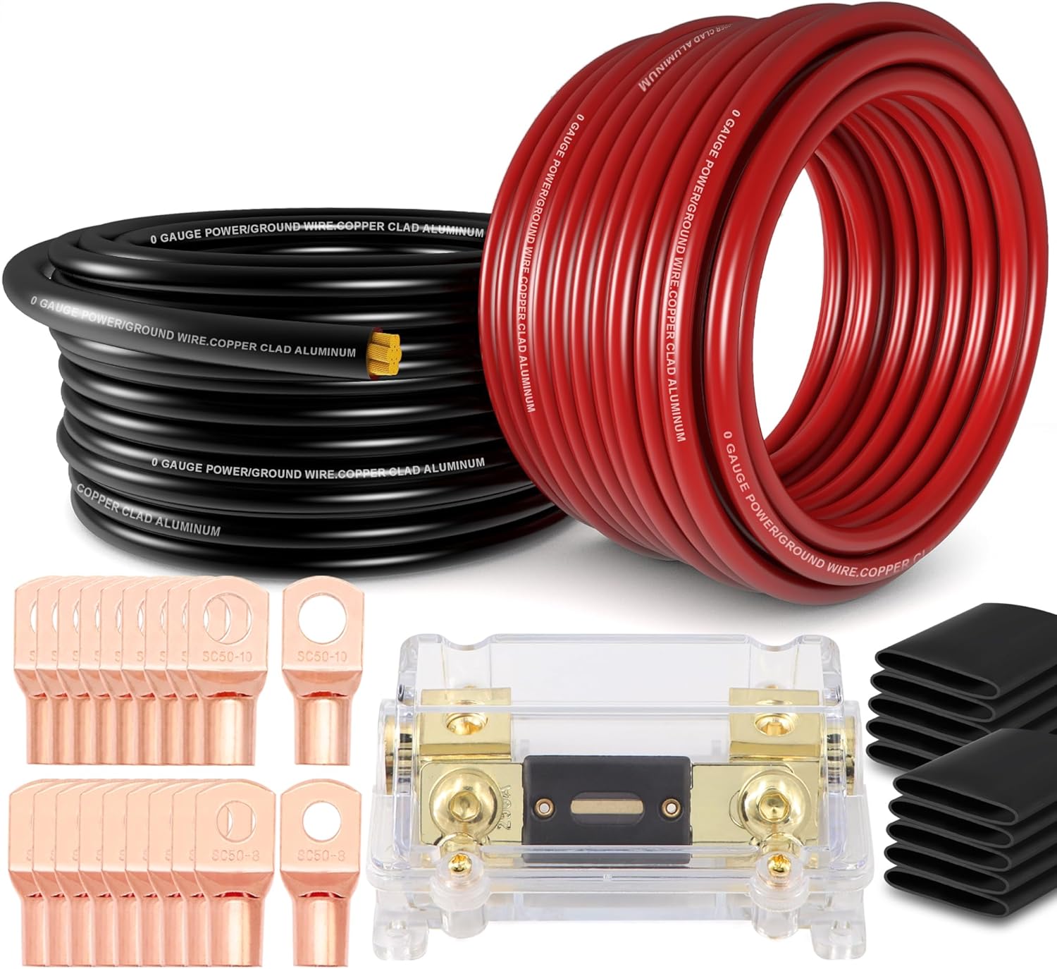 1/0 Gauge Wire(20ft Each - Red/Black) Copper Clad Aluminum CCA with 250A ANL Fuse Holder,20pcs Lugs Terminal Connectors & 3:1 Heat Shrink Tube for Power/Auto,Amplifier,Ground Cable