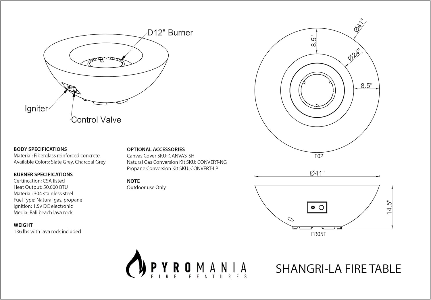 Pyromania Shangri-La Outdoor Concrete Fire Pit Bowl, 41 Inches Round - Natural Gas Model in Charcoal Gray Color
