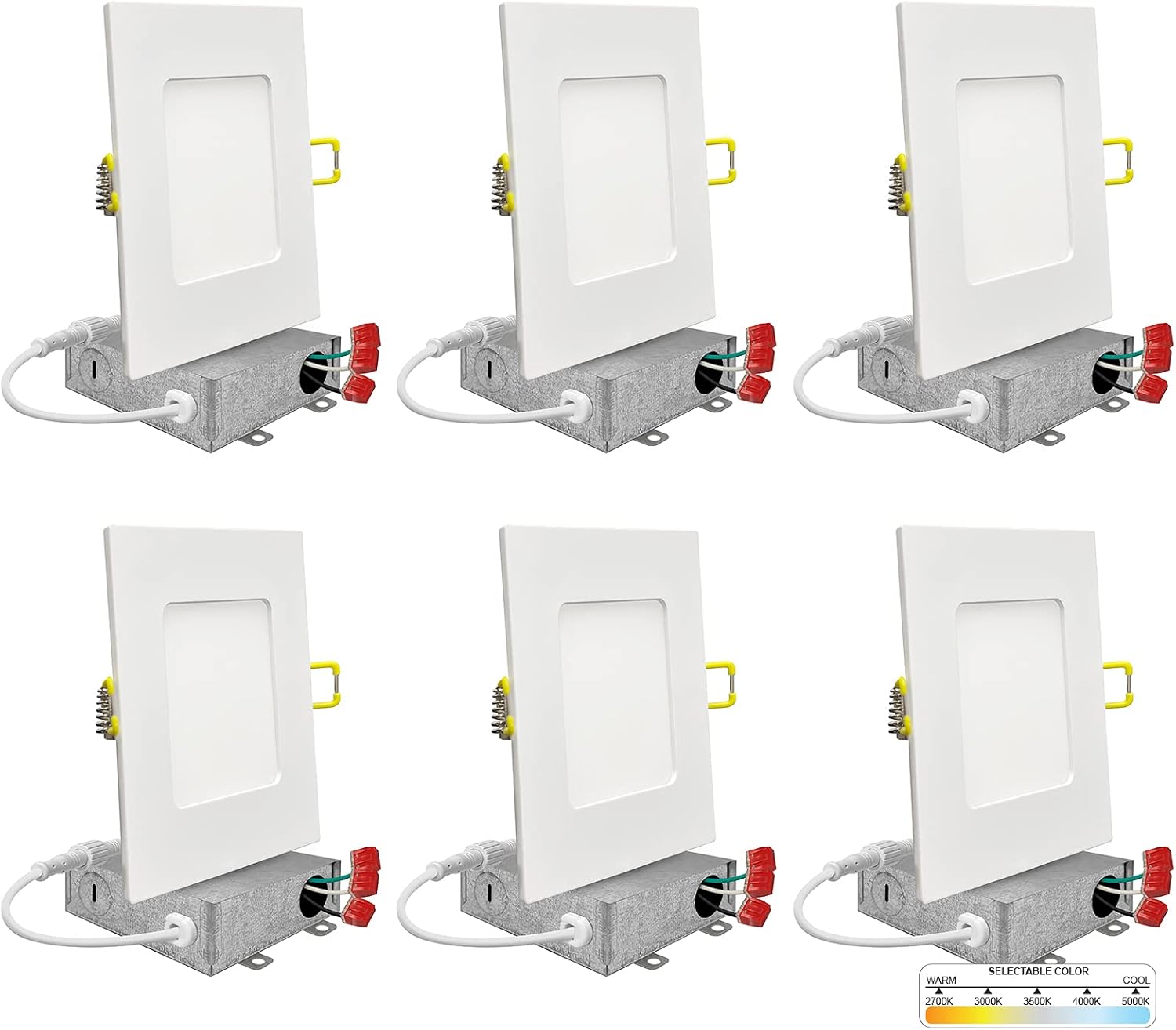 NUWATT 4 Inch Square Wafer LED Recessed Lights, 5 CCT Selectable 2700K/3000K/3500K/4000K/5000K, 630 Lumens Dimmable, Wet & IC Rated Downlight, 4
