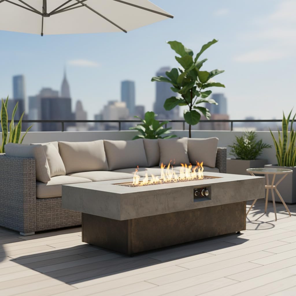 Outdoor Propane Fire Pit Table 50,000 BTU: Modern Cement-Textured Rectangle Design with Electronic Ignition & 3-Height Adjustment - Premium Patio Heating Solution for Boutique Hotels & Vacati