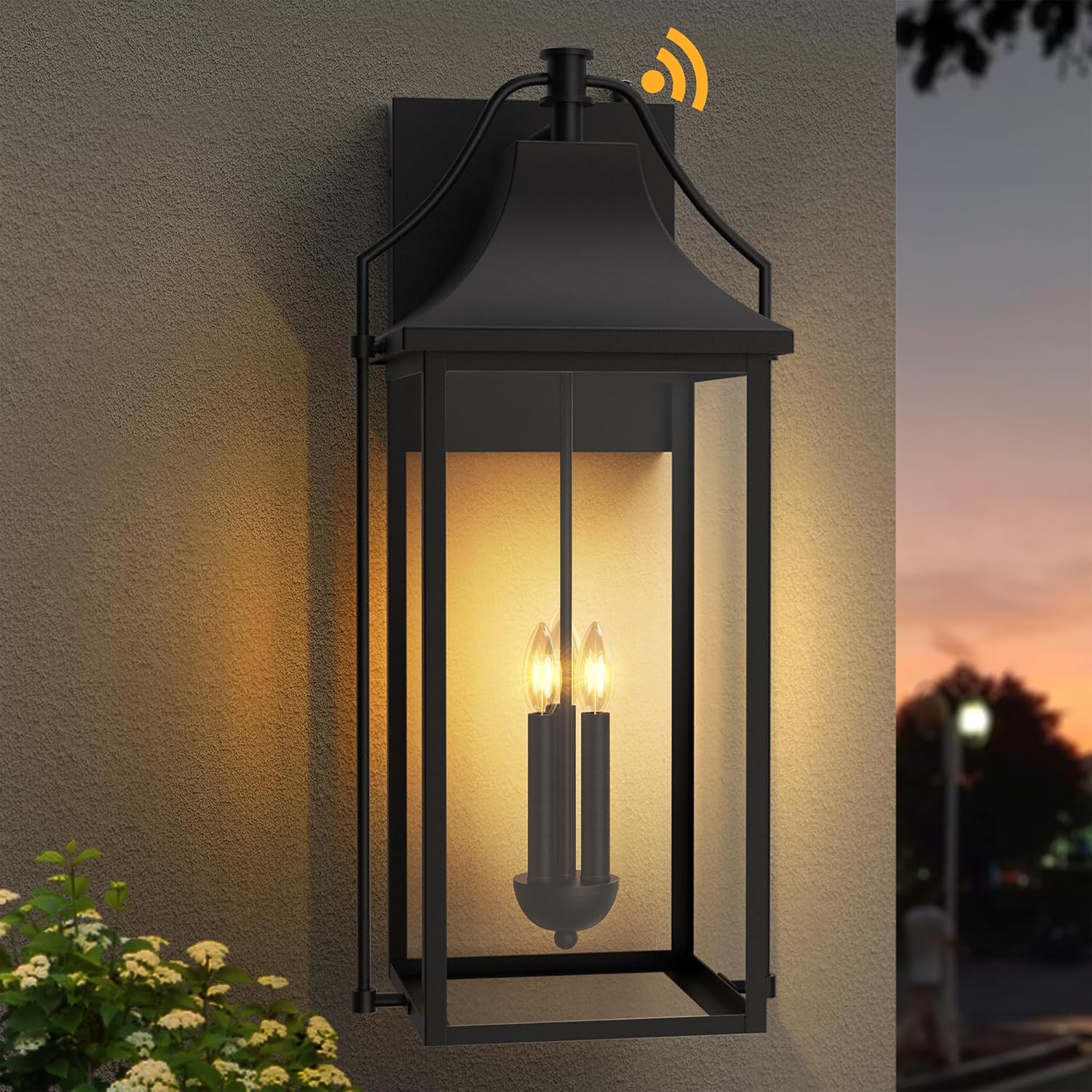 25-INCH Dusk to Dawn Outdoor Wall Light, Large Size Waterproof Patio Lanterns, 3-Light Exterior Wall Mount Lantern Sconce with Glass, Black Wall Sconces for House Garage Front Door