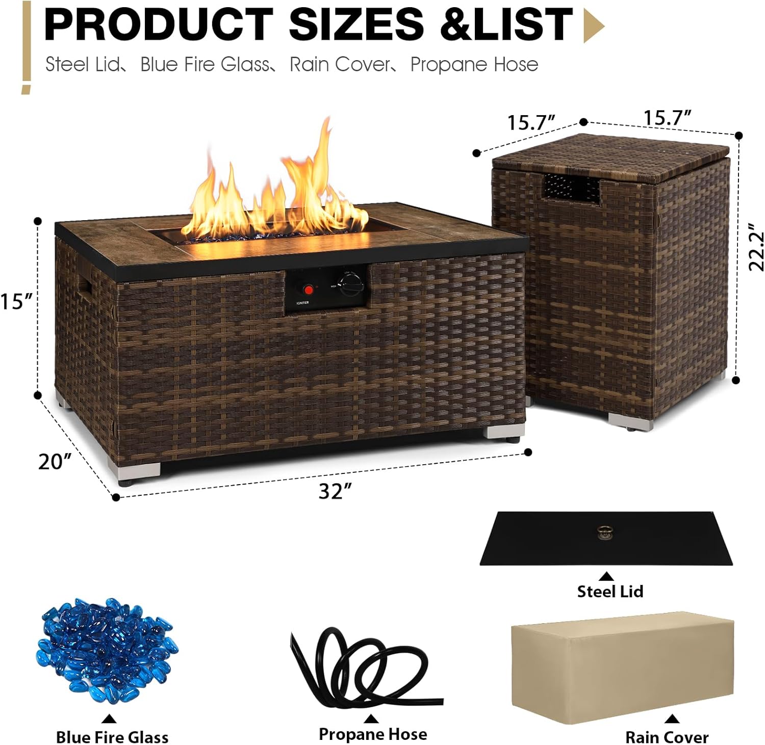 Outdoor Propane Fire Pit Table w/Tank Holder, 2 Piece Handmade Rattan Wicker Firepit Ceramic Tabletop with Steel Lid 40,000 BTU Rectangle Fire Table Set for Patio, Deck, Backyard (Brown)