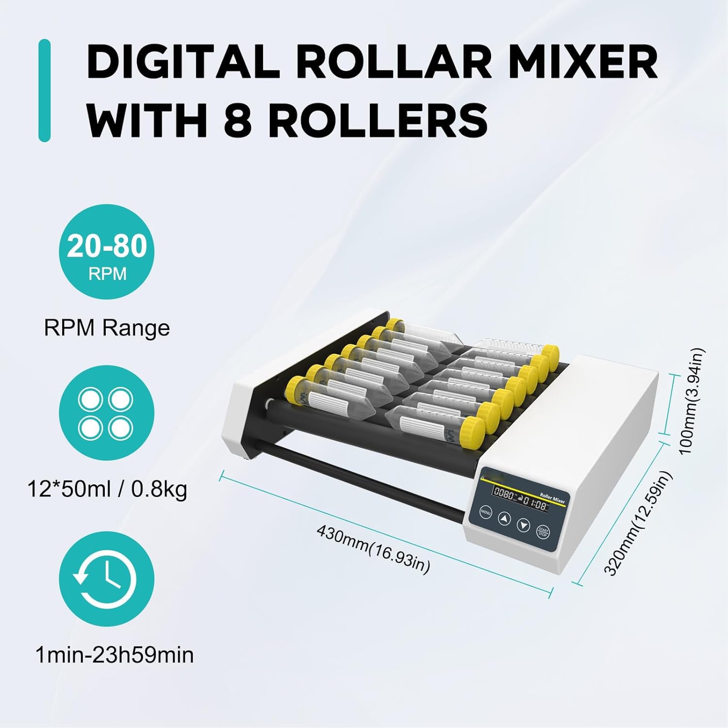 Lab Roller Mixing Machine, Lab Orbital Shaker Mixer(20-80rpm), Drum: 6/8 Rollers(Length:28CM), with Continuous/Timer Mode, High/Low Axis, for 6-34 MM Centrifuge Tubes,8pro