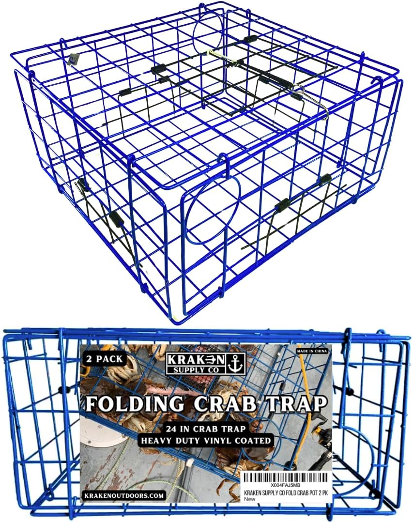 24 Inch Foldable Crab Trap Crabpot Vinyl Coated Steel Cage Folds Flat for Easy Storage & Transport 4 Entries 2 Escape Rings DFW Compliant (2)