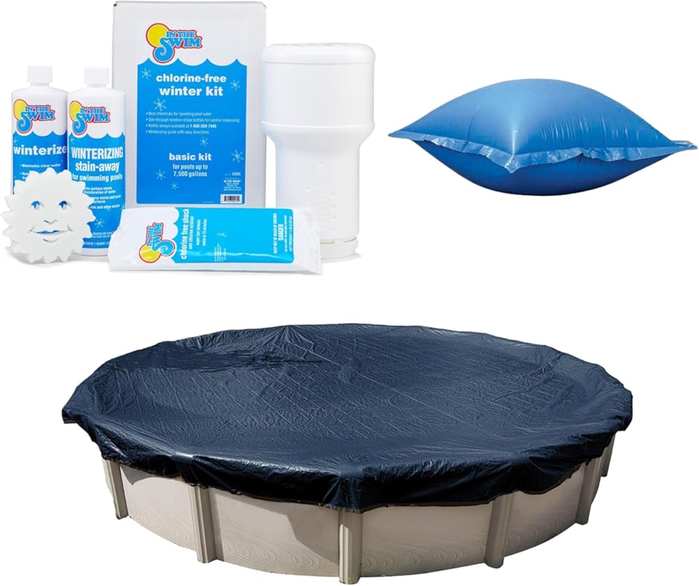 In The Swim Swimming Pool Winterization Bundle: Includes a 18' Round Economy Swimming Pool Winter Cover, 7.5k Gallon Pool Winter Closing Kit, and 4'x4' Air Pillow