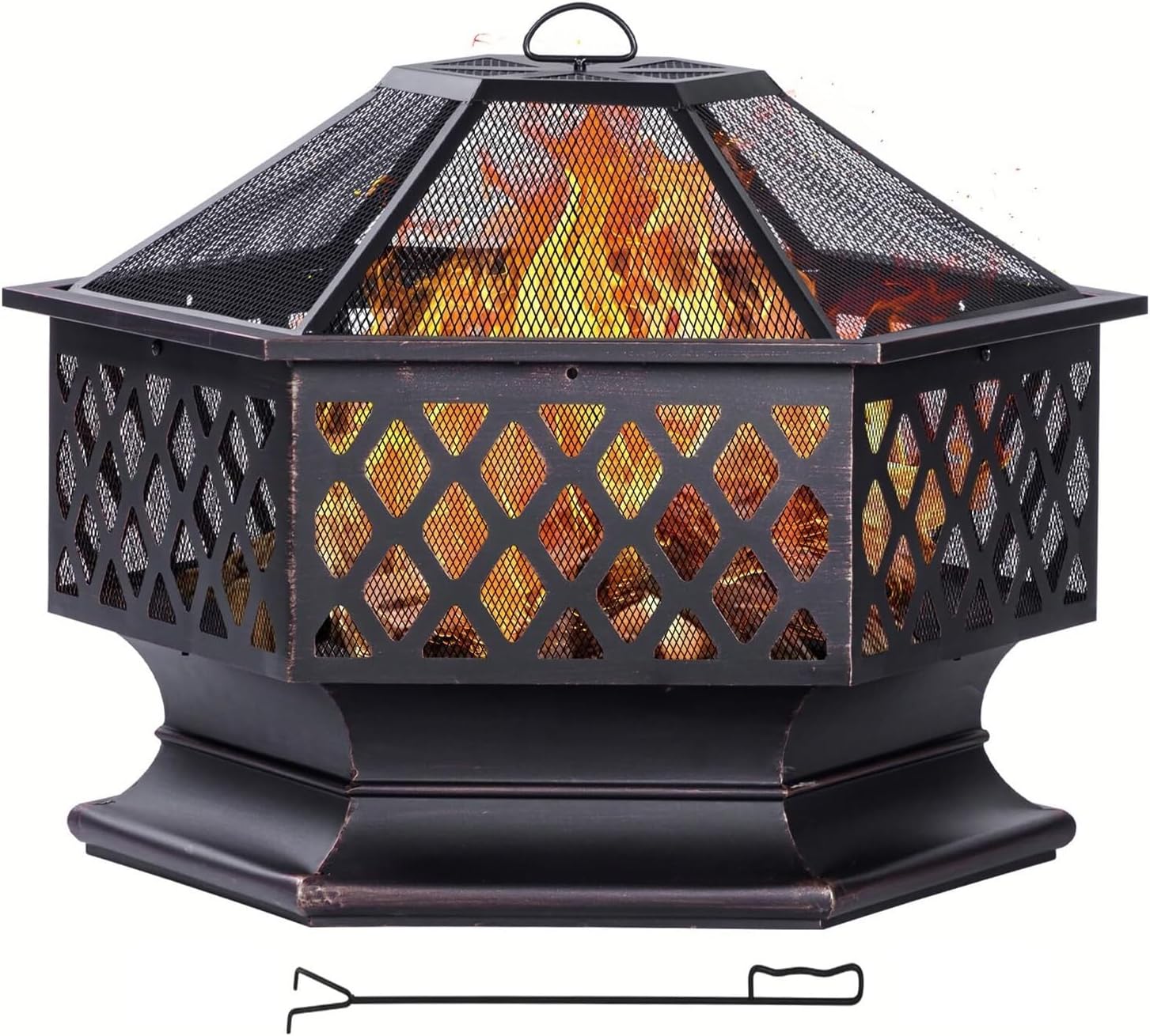 28 Inch Hexagon Wood Burning Fire Pit – Antique Bronze Outdoor Firepit with 360° Flame View for Patio, Backyard, and Camping(33 Inch)