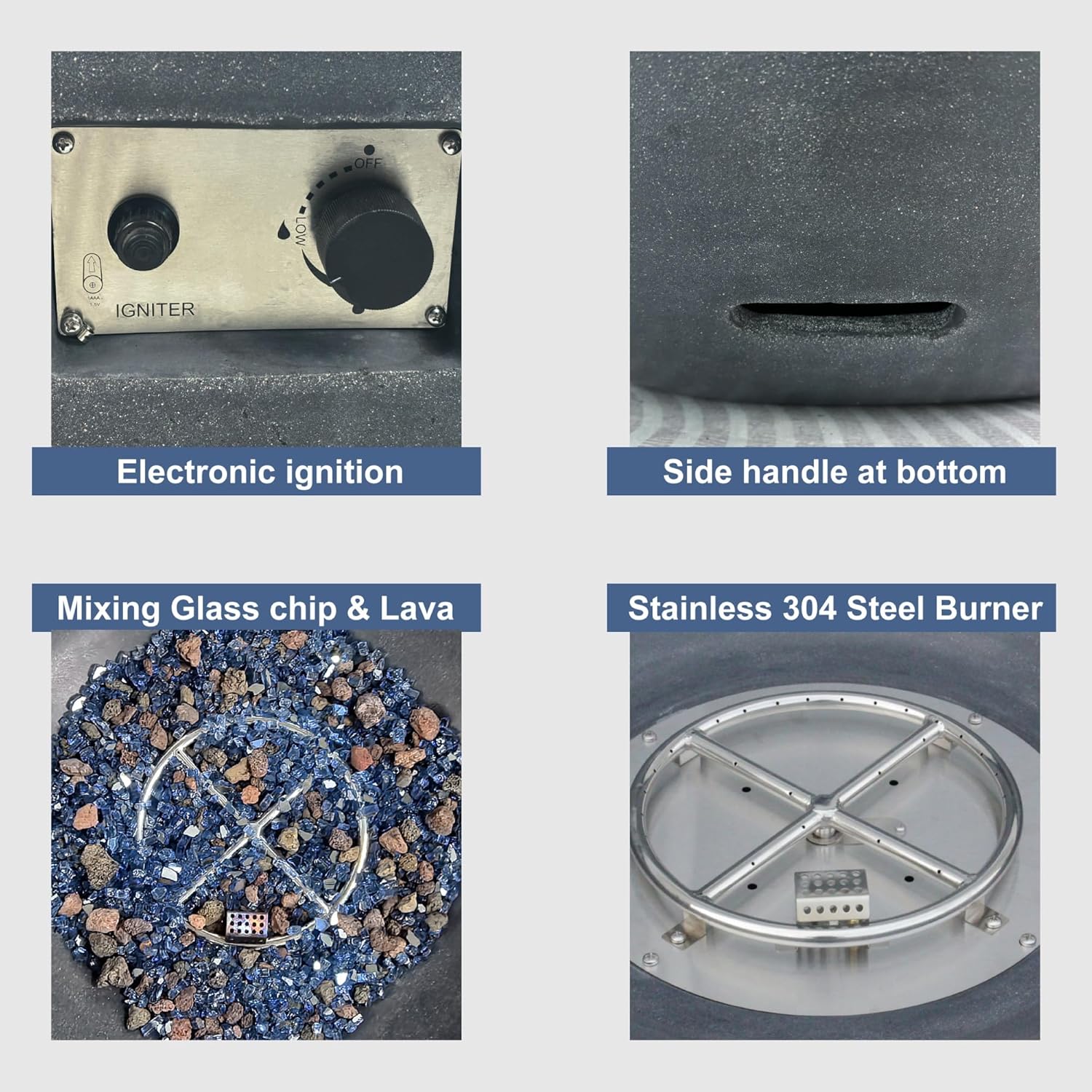 42 Inch Outdoor Concrete Propane Gas Fire Pit Bowl with Glass Chip, Lava, Adjustable Feet, and Fabric Cover(Black Gray)