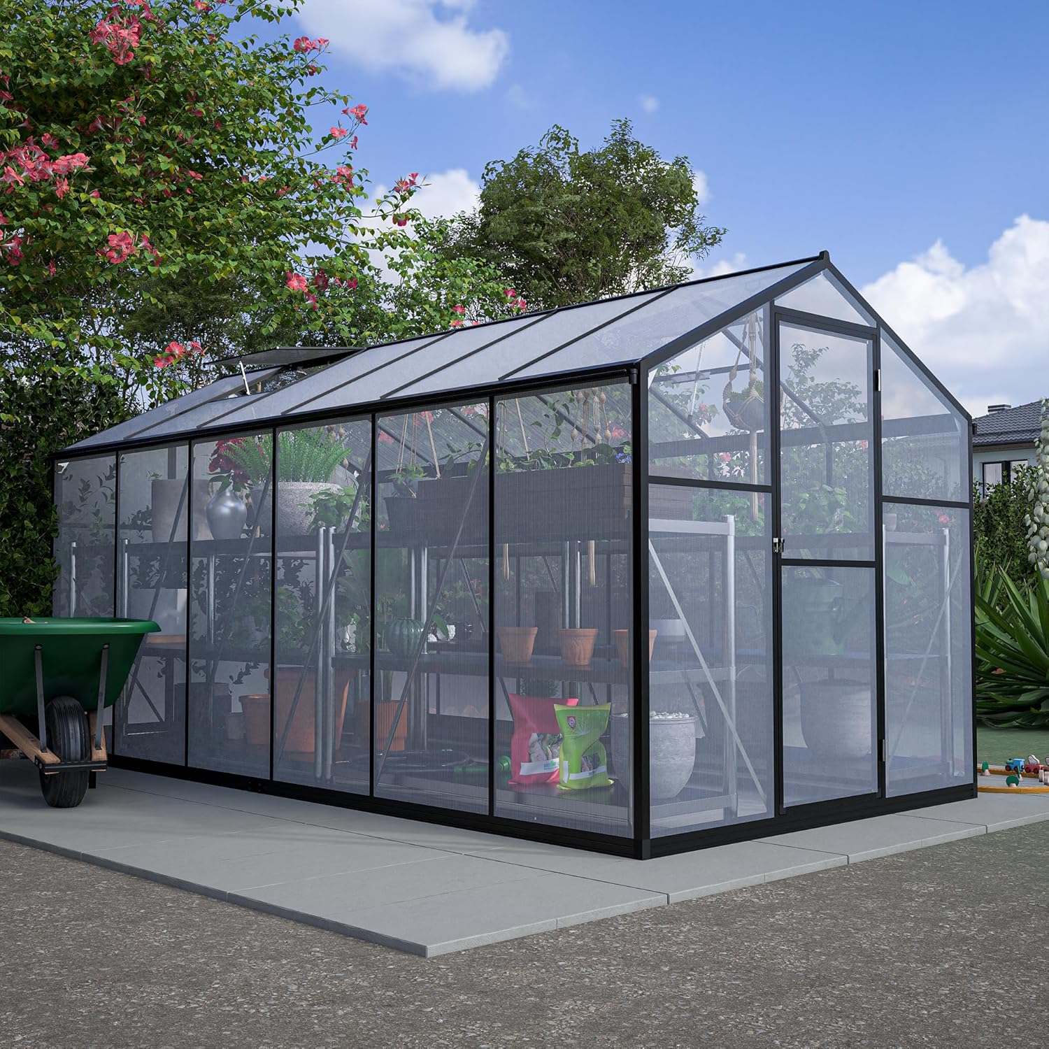 6' x 12' Heavy-Duty Polycarbonate Greenhouse with Double Flush Door, Rain Gutter & Ventilation Windows | UV-Protected, Walk-in Winter Greenhouse for Sunroom, Backyard & Garden
