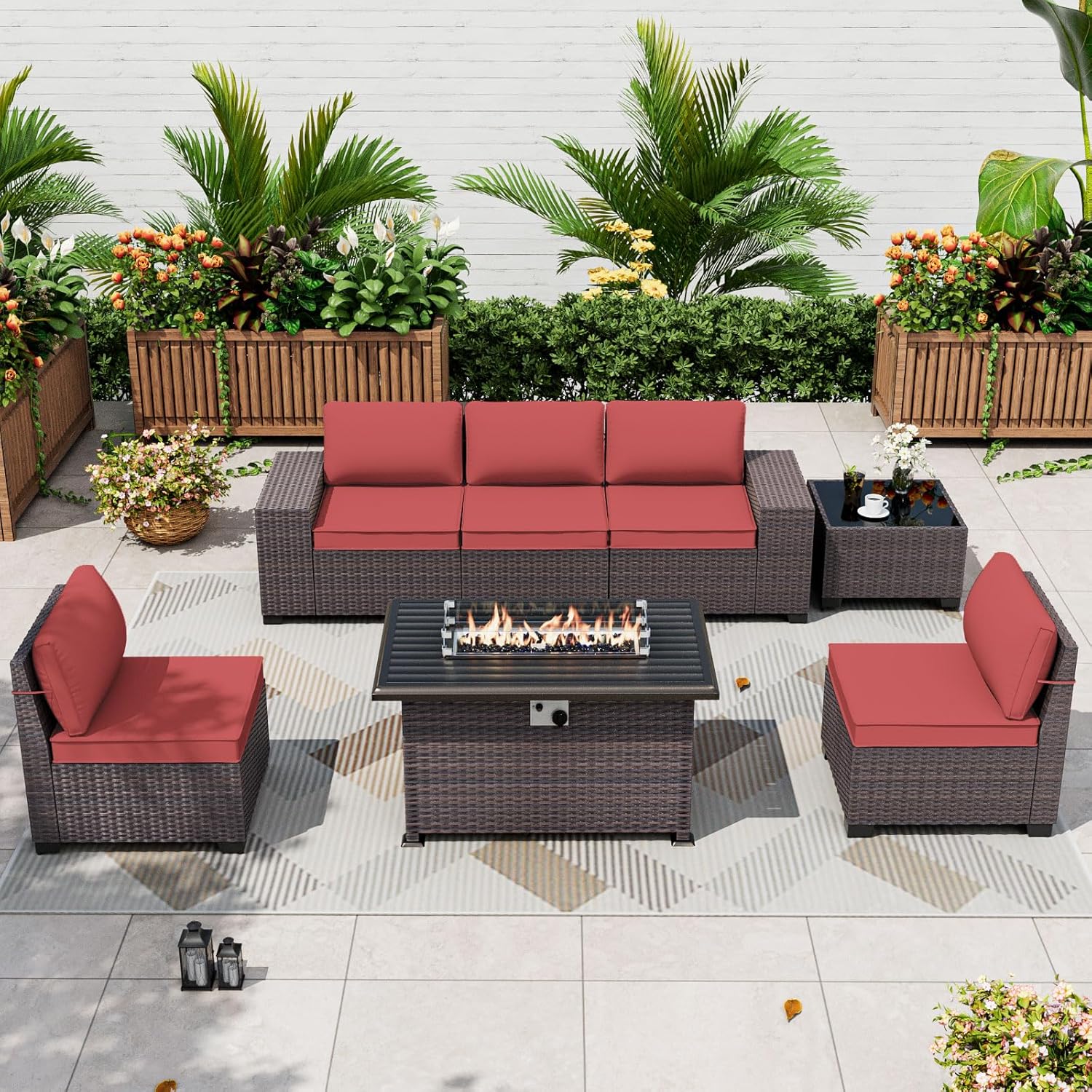 ALAULM 7 Pieces Patio Furniture Set with Fire Pit Table 55000BTU, Oversized Seat/Armrest and High Back Wicker Conversation Set with Thick Cushion for Backyard, Garden, (Red)