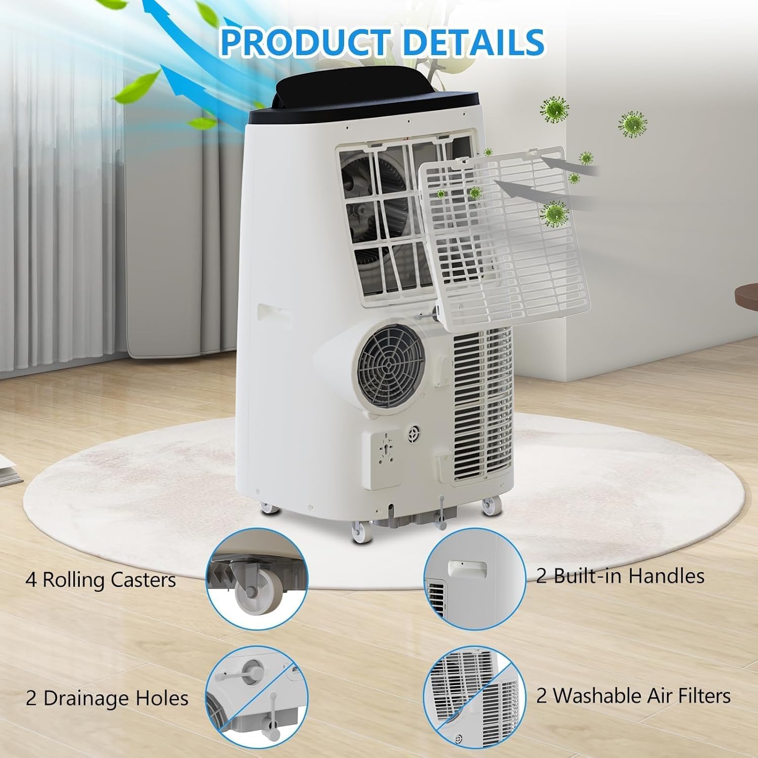 14000 BTU Portable Air Conditioner,3-in-1 Cooling Unit With Fan,Fehumidifier, And Refrigeration Functions, Featuring 3 Speed Settings, Energy Efficiency, Low Noise Operation, and Timer.