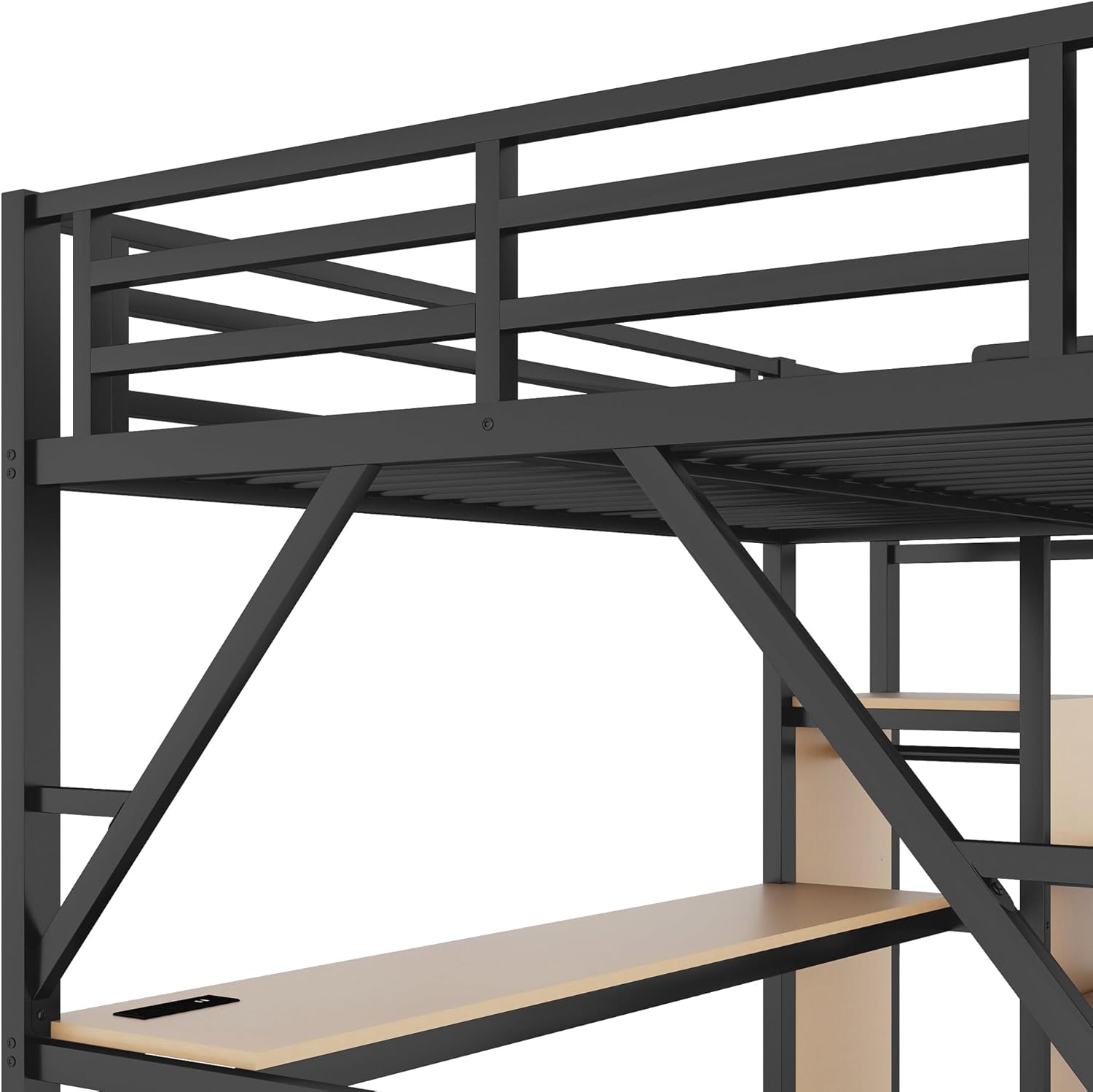 Full Loft Bed with Desk and Charging Station, Full Size Metal Loft Bed with Stairs and Light for Kids Teens, Black, Patent Products