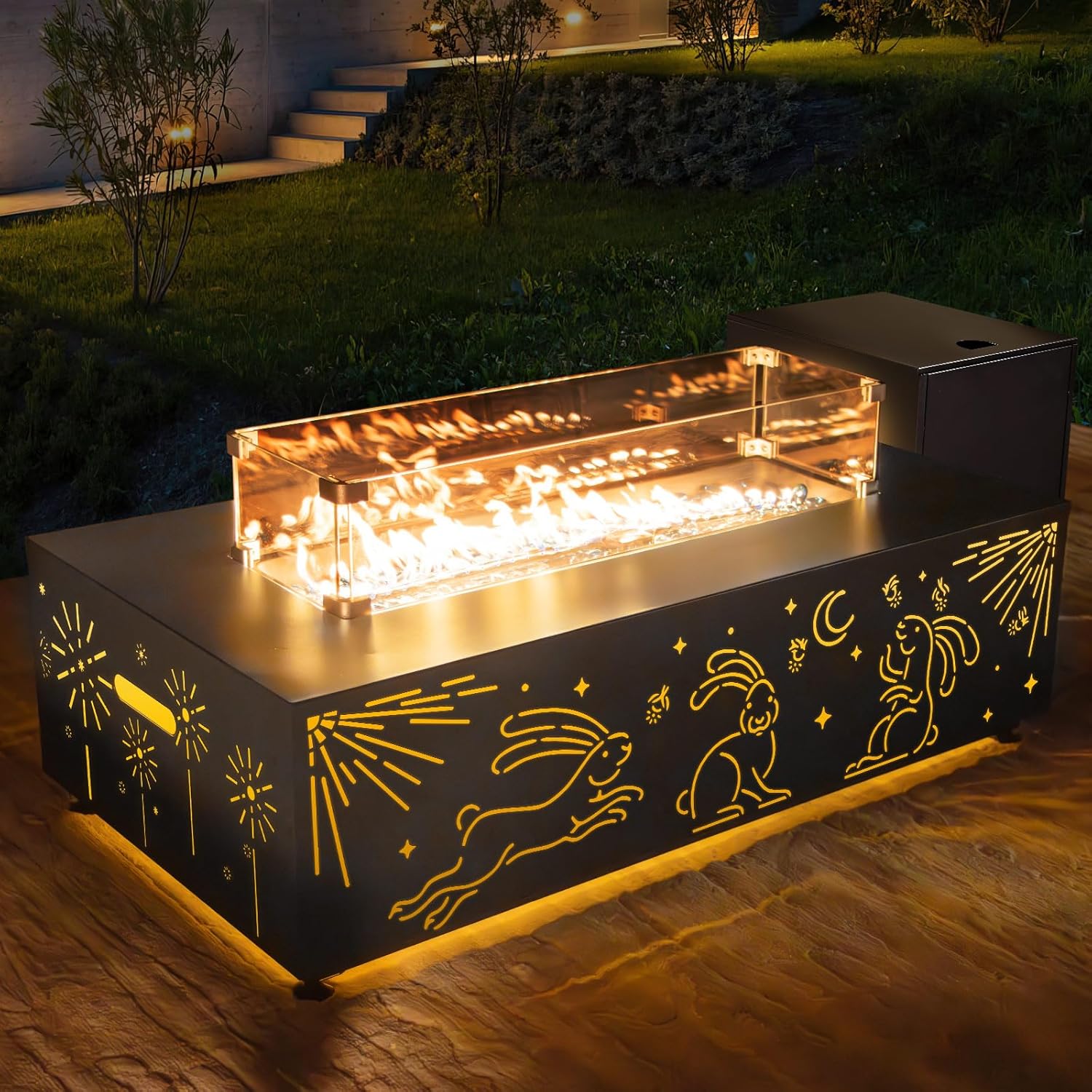 Propane Fire Pit Table for Outside Patio with Gas Tank Table, Contemporary Outdoor Firepit with Glass Rocks, Wind Guard and Cover, 42'' Fireplace All Weather Resistant, Dark Grey