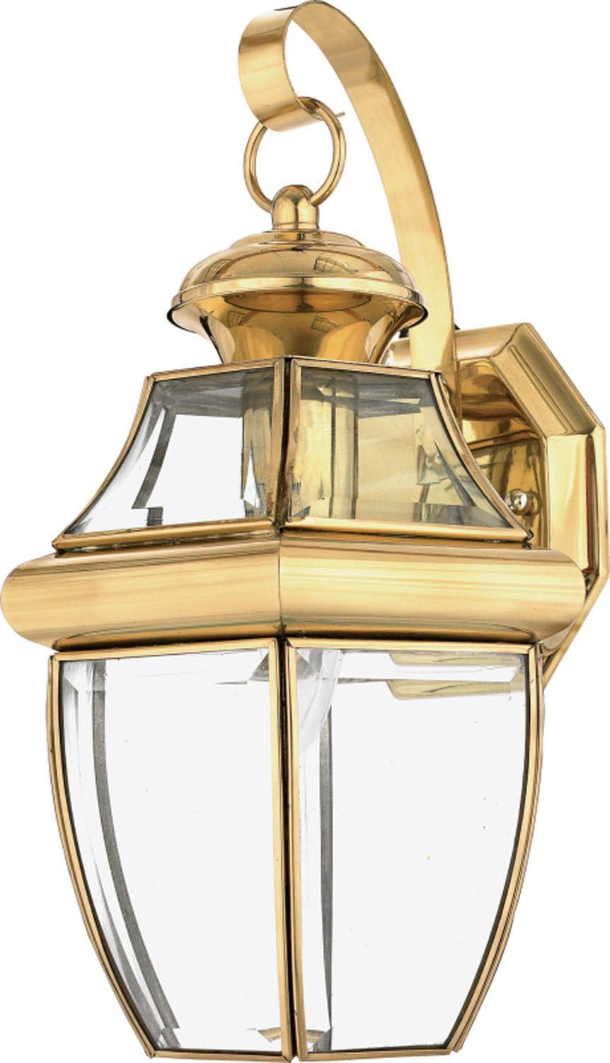Quoizel Newbury Outdoor Wall Lantern, 14 Inch 1-Light Polished Brass Wall Sconce, French Country Exterior Wall Lantern Fixture, E26 Base, Clear Glass, Outside Lights for Patio, Porch, Garage or Yard
