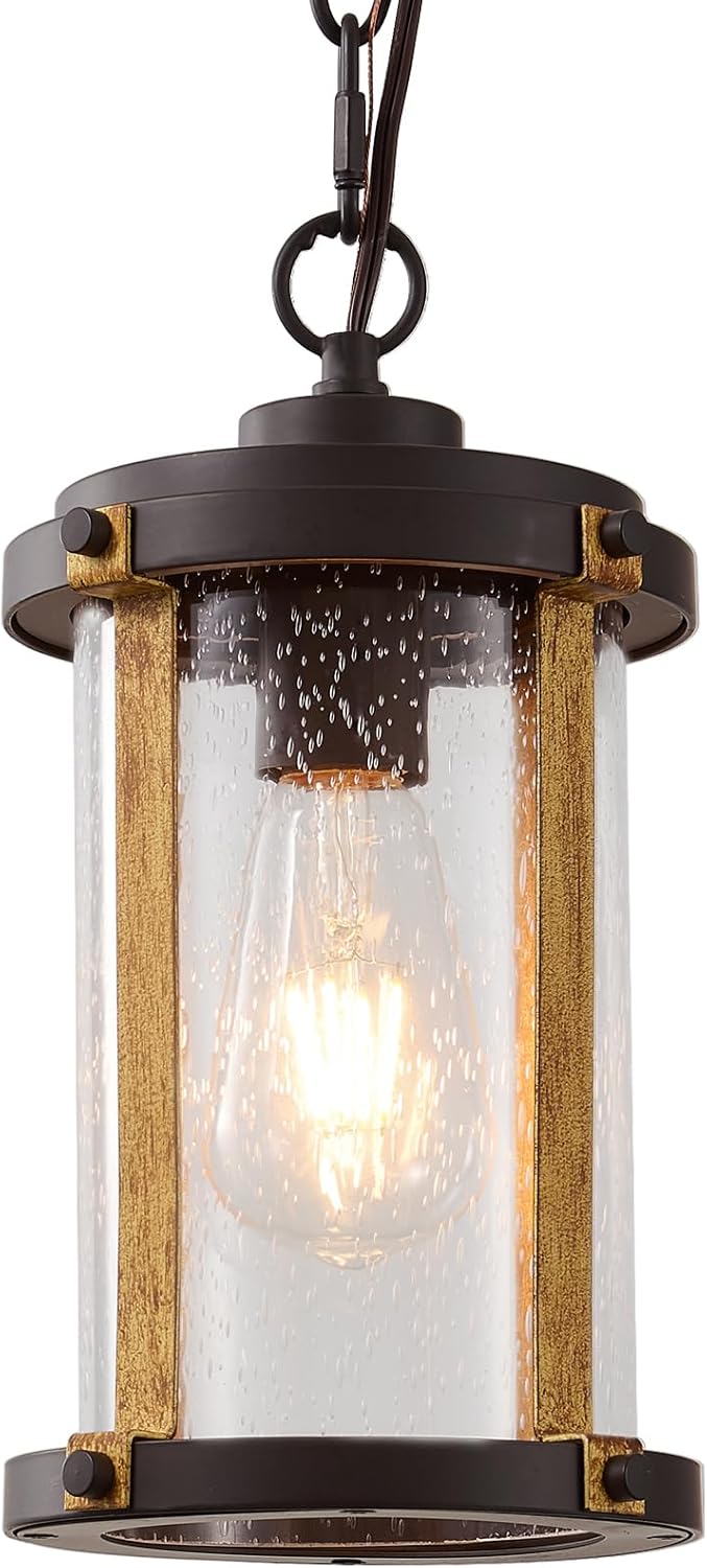 LOUSACE 1-Light Outdoor Pendant Light for Porch, Farmhouse Exterior Hanging Light Fixtures Oil Rubbed Bronze Aluminum Outdoor Chandelier with Clear Seeded Glass Outside Porch Pendant for Entrance, ETL