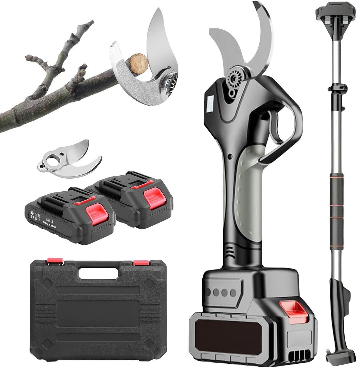 980W Electric Pruning Shears, 50mm Pro Cordless Secateurs, LCD Display Tree Branch Pruner, 2×4500mah Battery / 2.1m Telescopic Pole, for Pruning Trees, Shrubs, Fruit Trees