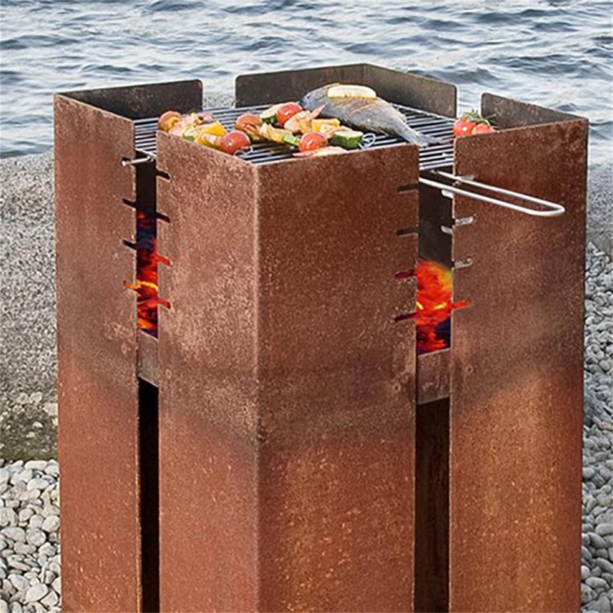 BBQ Grill Corten Steel Square Fire Pit Wood Charcoal Burning Patio Backyard Garden Picnic Outdoor Barbecue Bonfire Fireplace 17.7 inch Side Length