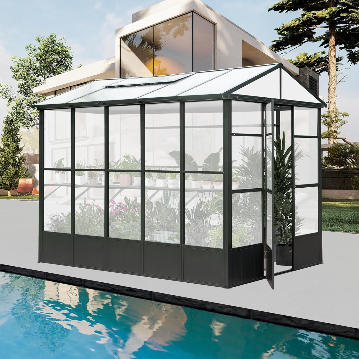 Domi 8x10FT Greenhouse, Polycarbonate Green House with Fully Auto Temperature Control Vent, Outdoor Full Aluminum Heavy Duty Greenhouse with Extra 8FT Walk-in Height for Garden Backyard, Dark Grey