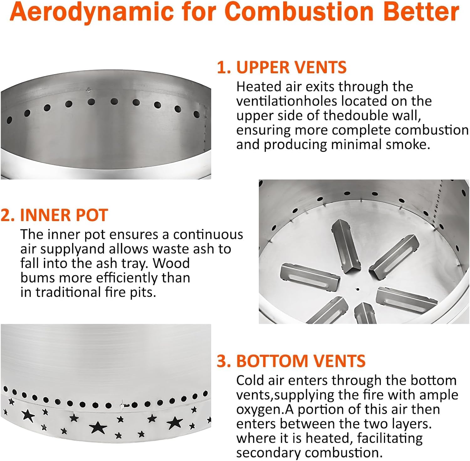 27 Inch Smokeless Fire Pit, Stainless Steel Wood Burning Fire Pits with Removable Stand and Ash Pan, Portable Bonfire Pit with Handle, Outdoor Fire Pit for Camping, Picnic and Family Gathering