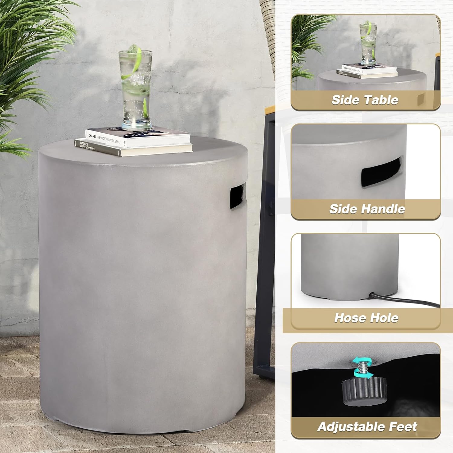 2-Piece Outdoor Propane Fire Pit Table Set w/Tank Cover Table, 31.5-inch 50,000 BTU Bowl Concrete Firepit SUS201 Round Burner with Steel Lid, Lava Rocks, Rain Cover…