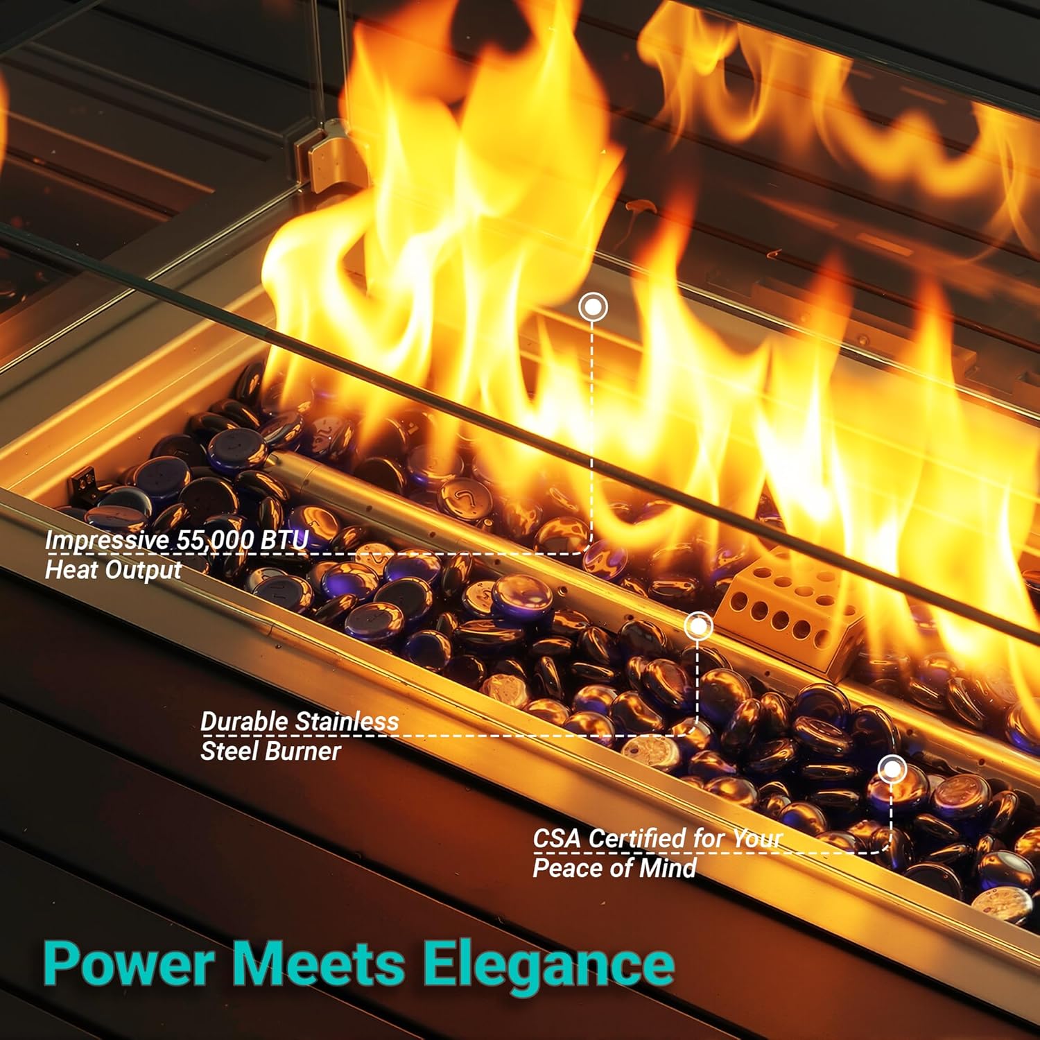 43 Inch 55,000 BTU Propane Gas Fire Pit Table, Outdoor Patio Fire Pit with Upgraded Rattan, Wind Guard, Blue Glass Stones, Extended Table Edge for Extra Storage, Easy Assembly, Grey