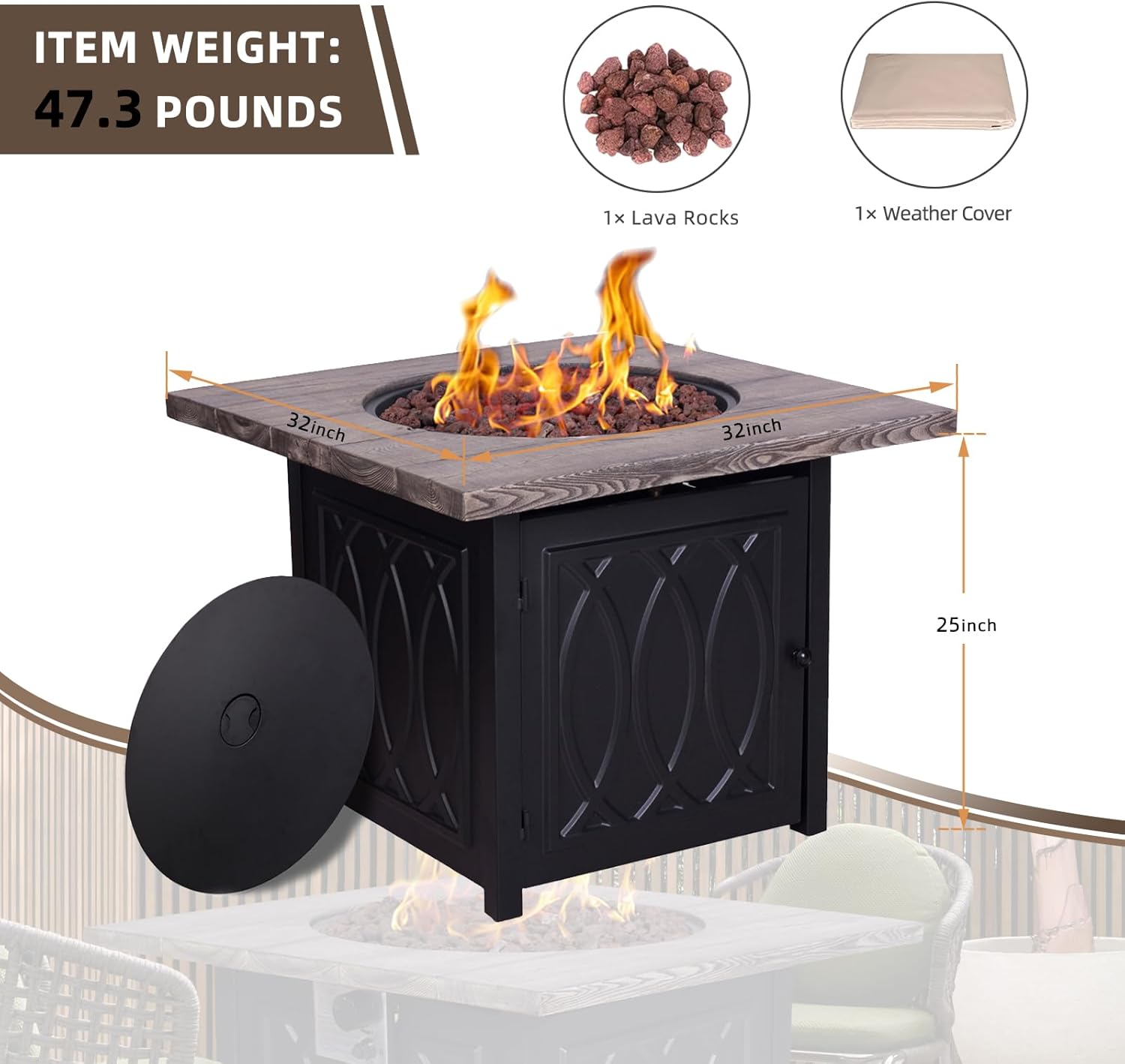 Faux Woodgrain Table top and Steel Base Propane Outdoor Fire Pit Table with Lid