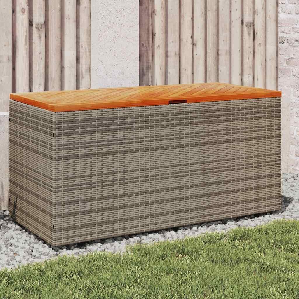 Modern Garden Storage Box, Grey PE Rattan & Acacia Wood, 43.3 x 19.7 x 21.3 Inch Outdoor Deck Pool Waterproof Container, Large Capacity Bin for Patio Cushions & Tools