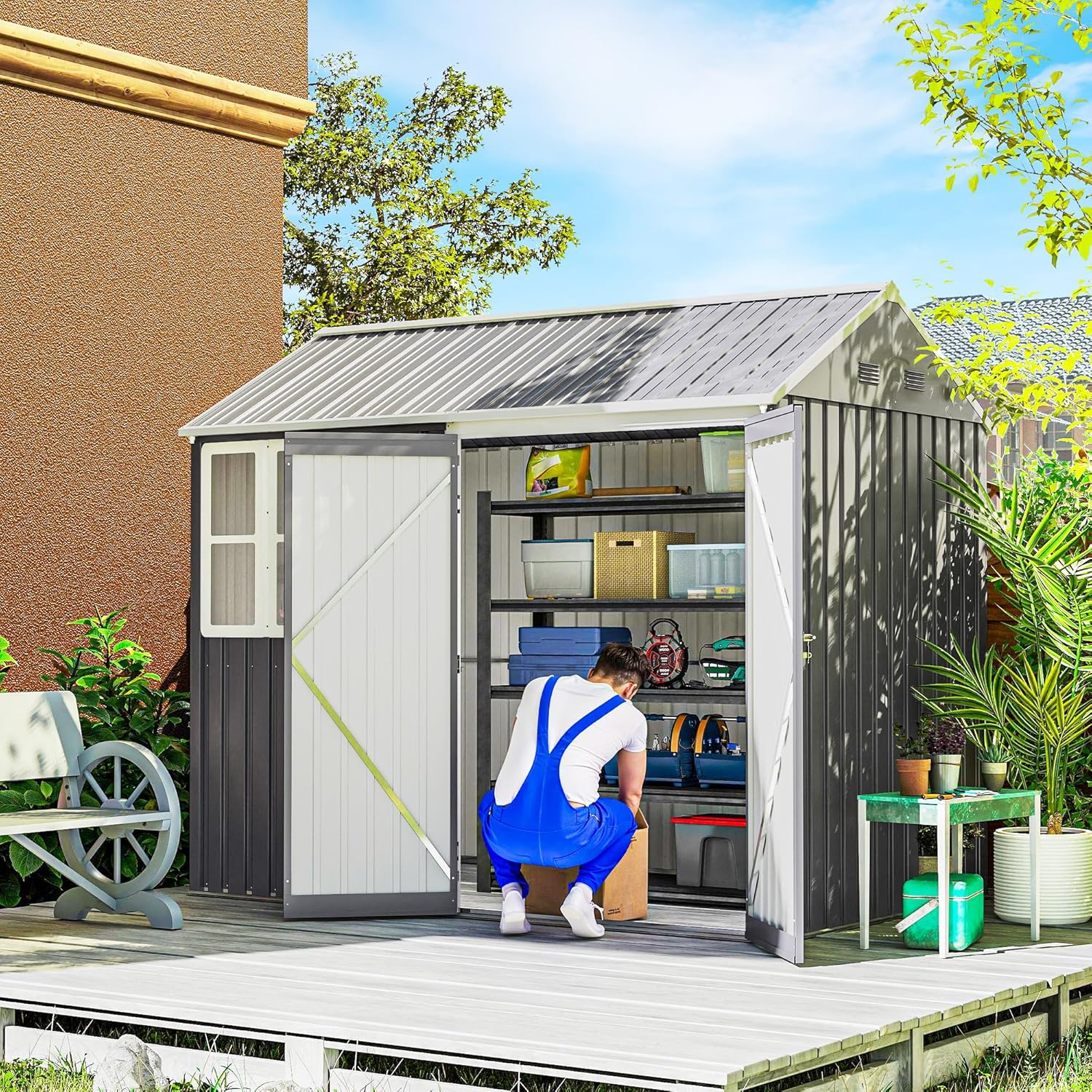 Outsunny 8' x 5.5' Outdoor Storage Shed, Metal Garden Shed with Window & Double Lockable Door, Outdoor Tool Shed Storage with Sloped Roof for Backyard, Patio, Garage, Lawn, Gray