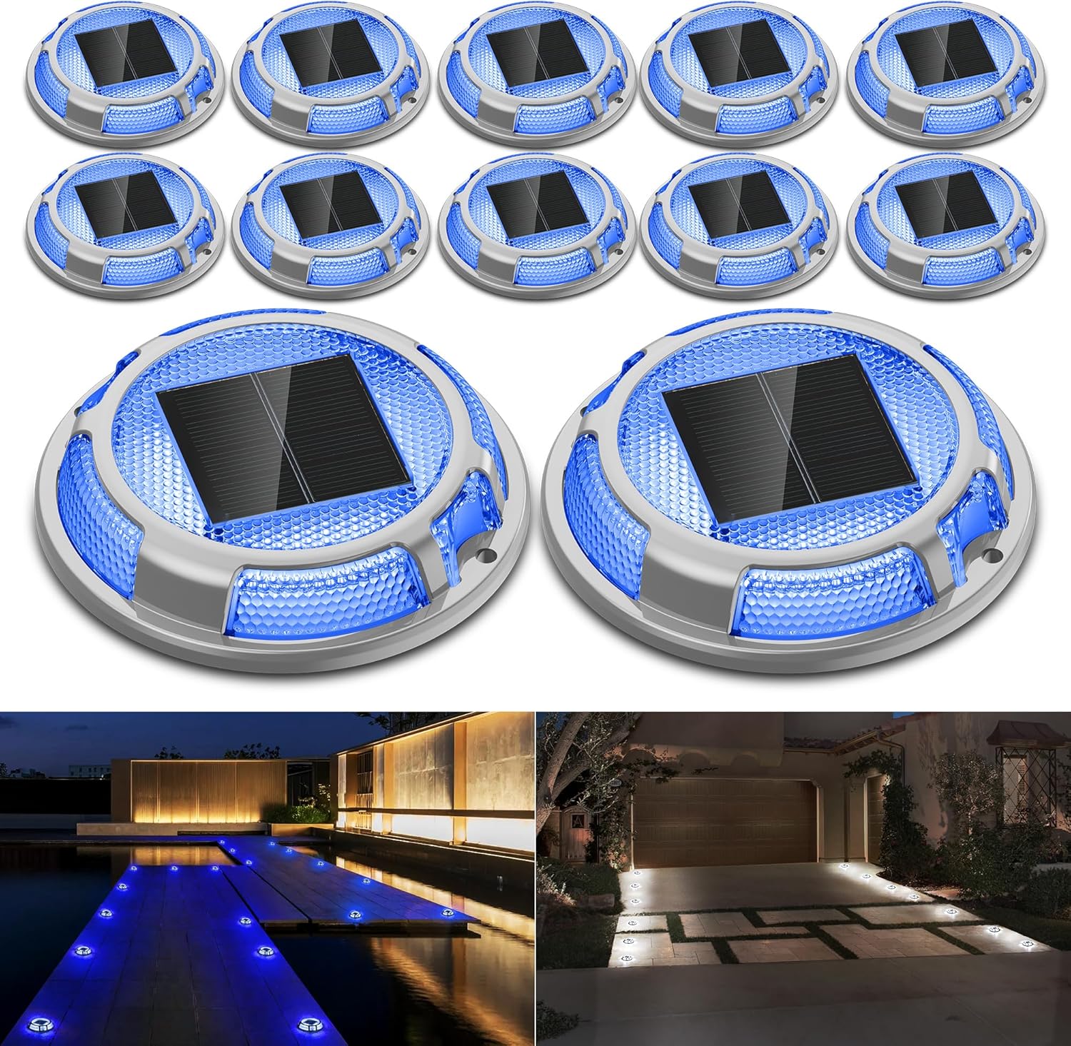 Solar Driveway Lights Dock Lights Waterproof 12 Pack, 2 Colors in 1 Outdoor LED Solar Deck Lights, Solar Powered Walk Way Light Road Marker for Warning Stair Pathway Patio(Blue & White)