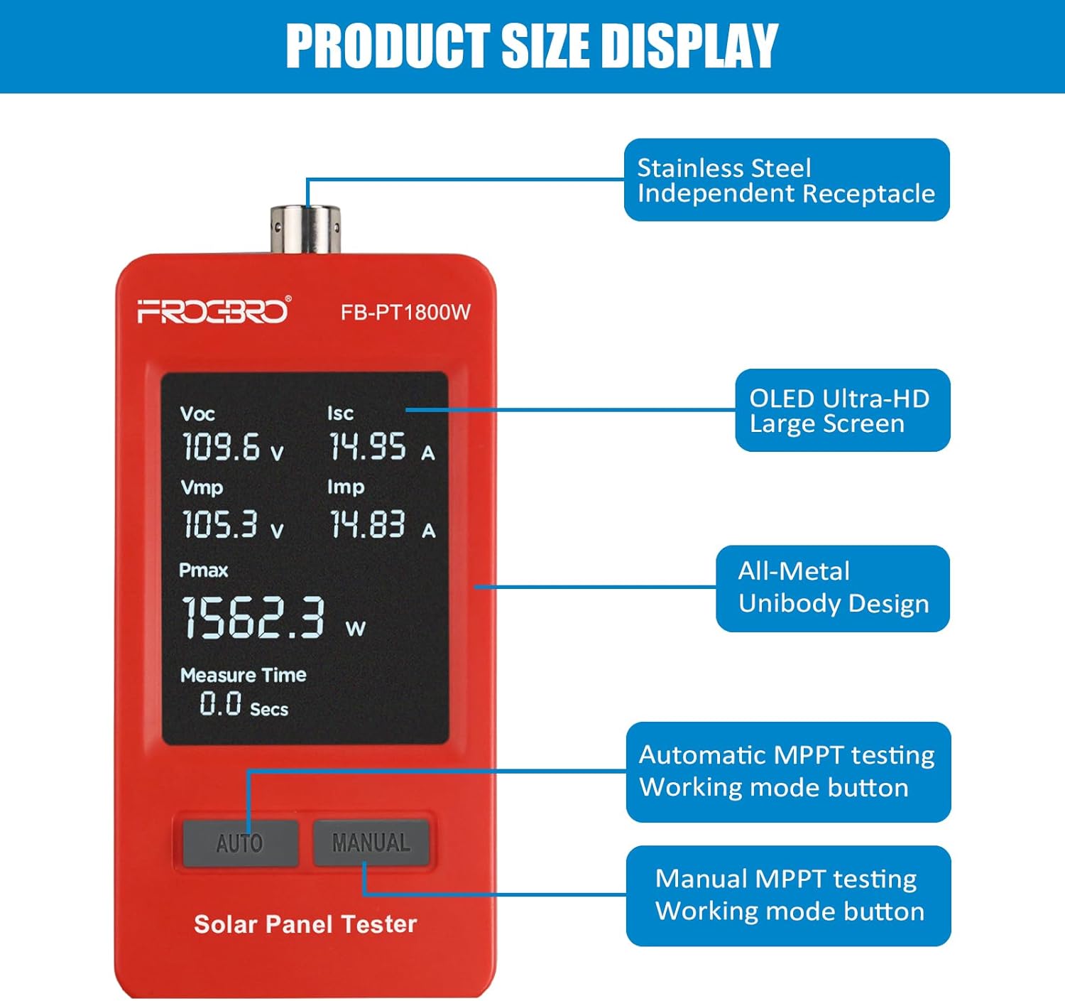 FrogBro 1800W Solar Panel Tester – PV Multimeter with Smart MPPT & HD OLED Display for Solar Panel Diagnostics and Data Analysis