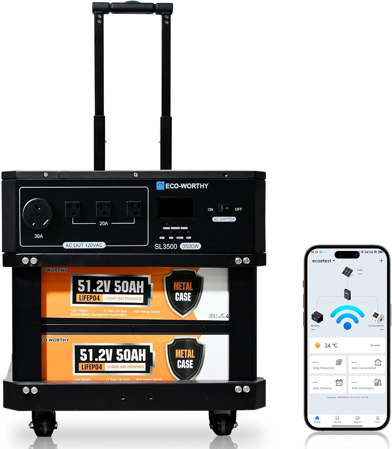 ECO-WORTHY SL3500 Stackable Power Station Solar Inverter AC 3500W Output,5120Wh LiFePO4 Battery with BMS,Movable Portable Stand with Expandable Tiers for Home Backup,Emergency,Solar System Components