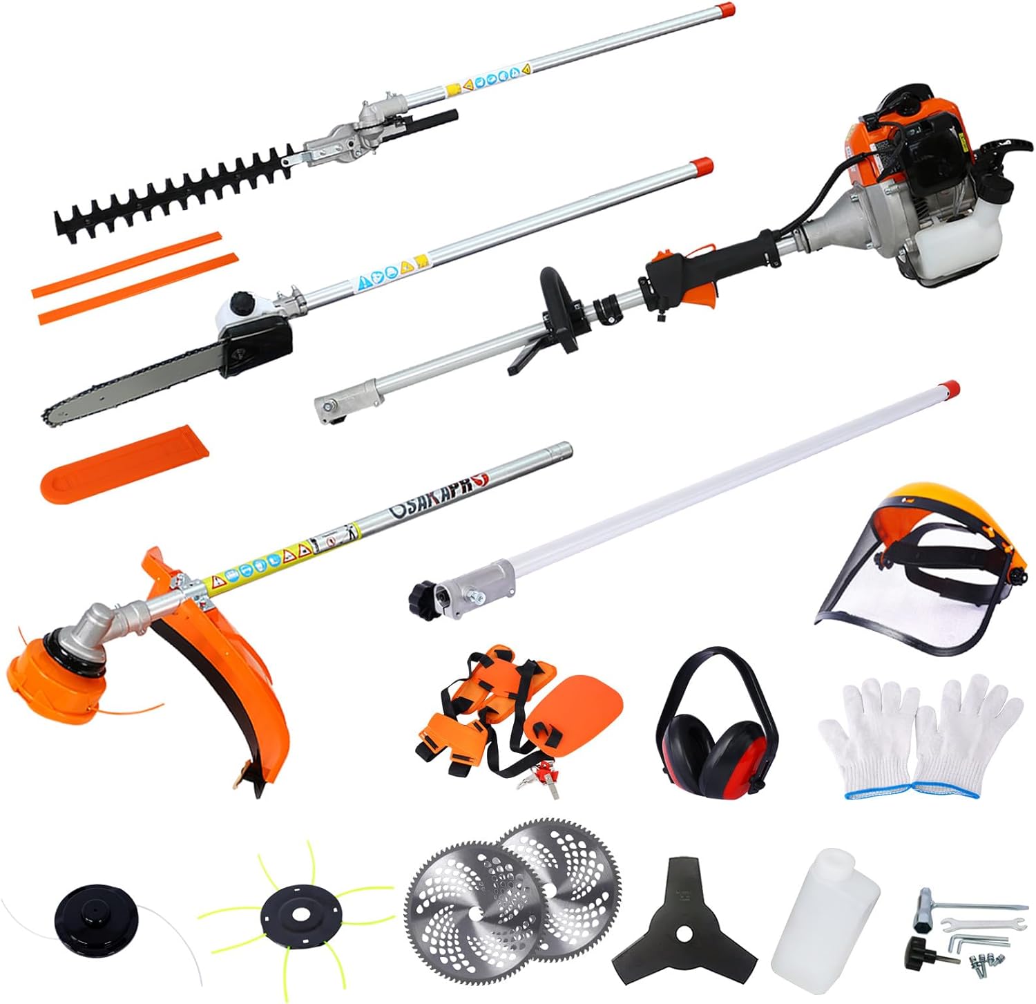 12 in 1 Multi-Functional Trimming Tool, 52CC 2-Cycle Garden Tool System with Gas Pole Saw, Hedge Trimmer, Grass Trimmer, and Brush Cutter