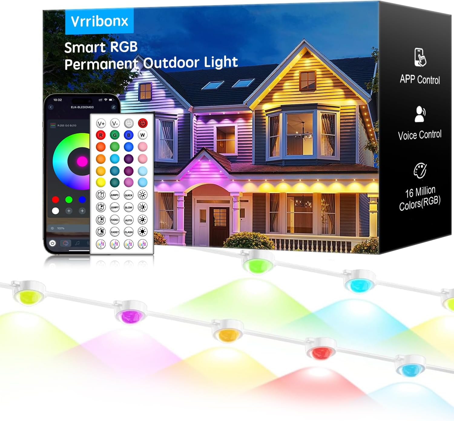 200FT Permanent Outdoor RGB Lights,IP65 Waterproof Smart LED Eaves Lights with App/Remote Control,for Christmas and All Holiday Decor,Daily and Accent Lighting,House Roof and Garden Lighting