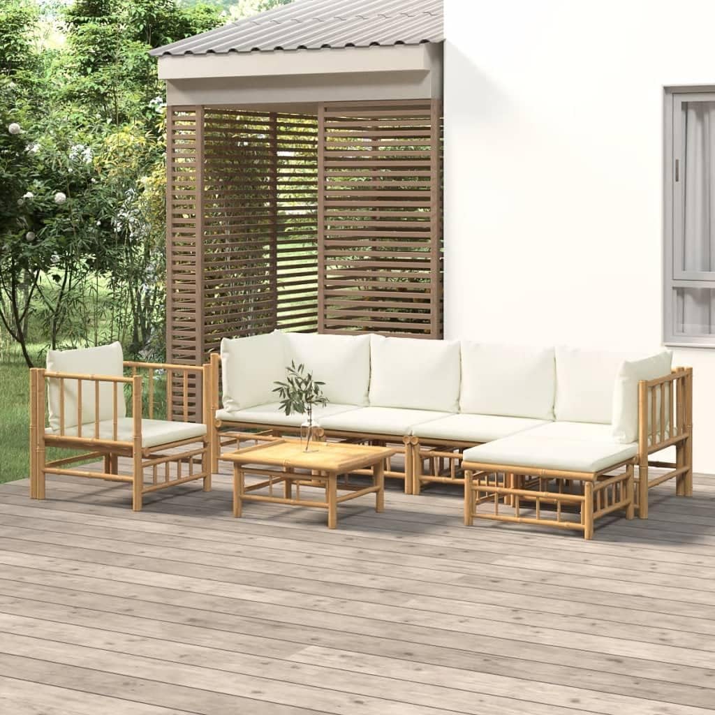 Garden Lounge Set Cream White Bamboo, Polyester Large Modular Outdoor Furniture, 7-Piece Patio Furniture Set for Deck, Balcony, Terrace
