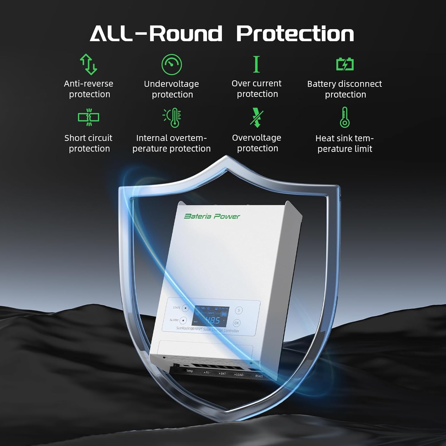 Bateria Power 100A 12/24/36/48V MPPT Solar Charge Controller, 99.5% MPPT Efficiency Solar Panel Charge Regulator, Compatible with Gel, AGM, Sealed, Flooded and Lithium LiFePO4 Battery