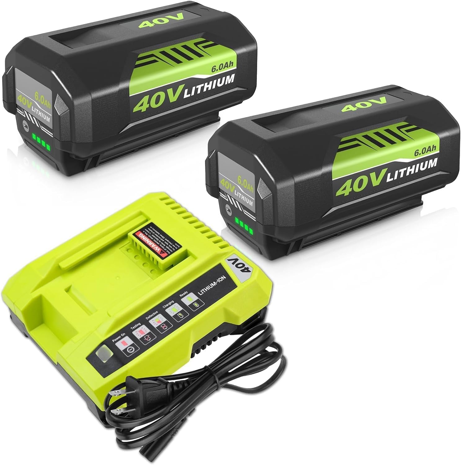 Enermall 2Pack 6.0Ah OP40601 Replacement for Ryobi 40V Battery Compatible with Ryobi 40 Volt Battery Lithium OP4040 OP40401 OP4026 OP40261 OP4050 OP40201 Compatible with 40V Power Tools (Green-3PC)